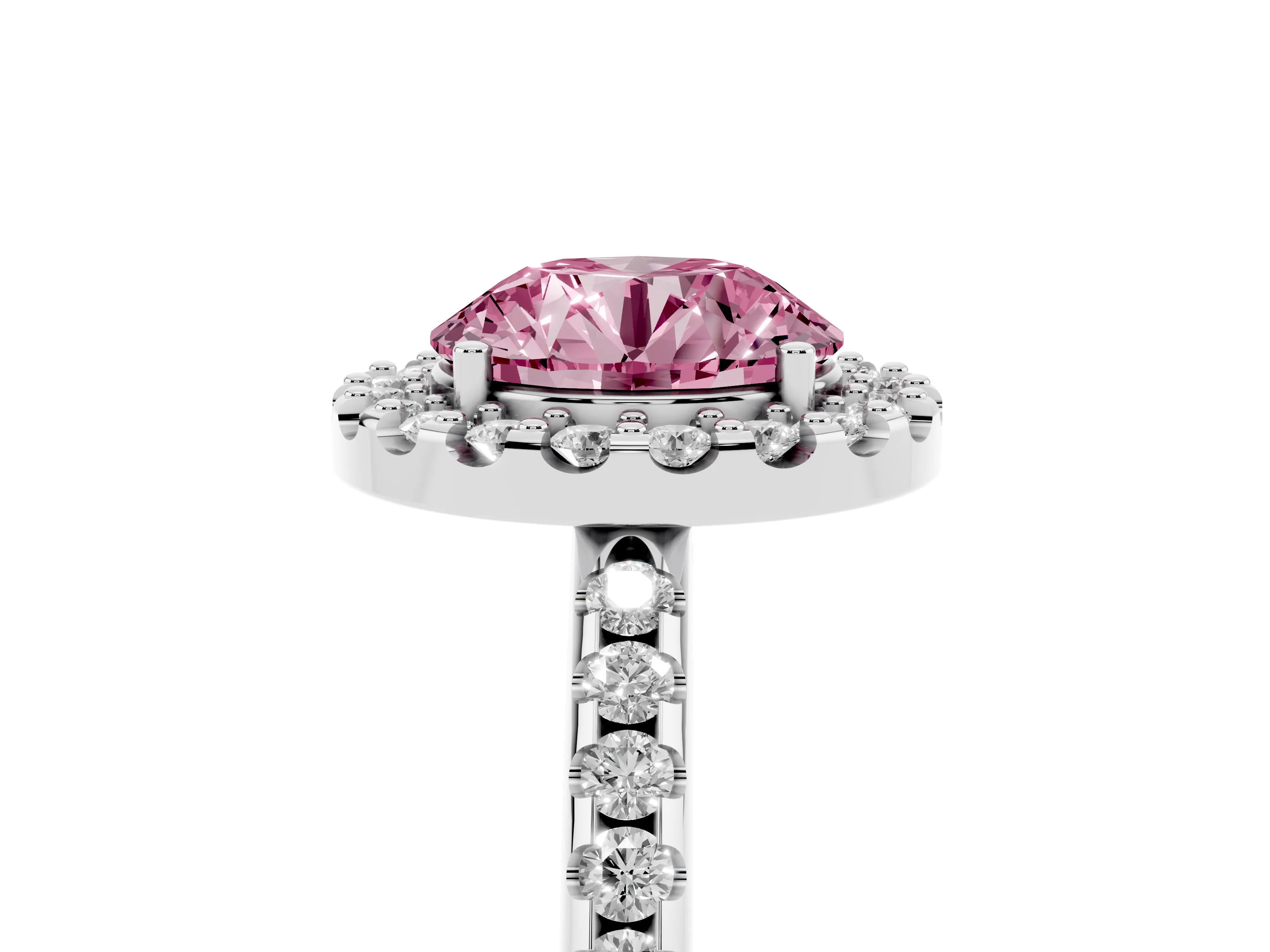 Fancy Pink Round Cut Diamond Pavé Halo Ring Set in Silver with Prong Setting