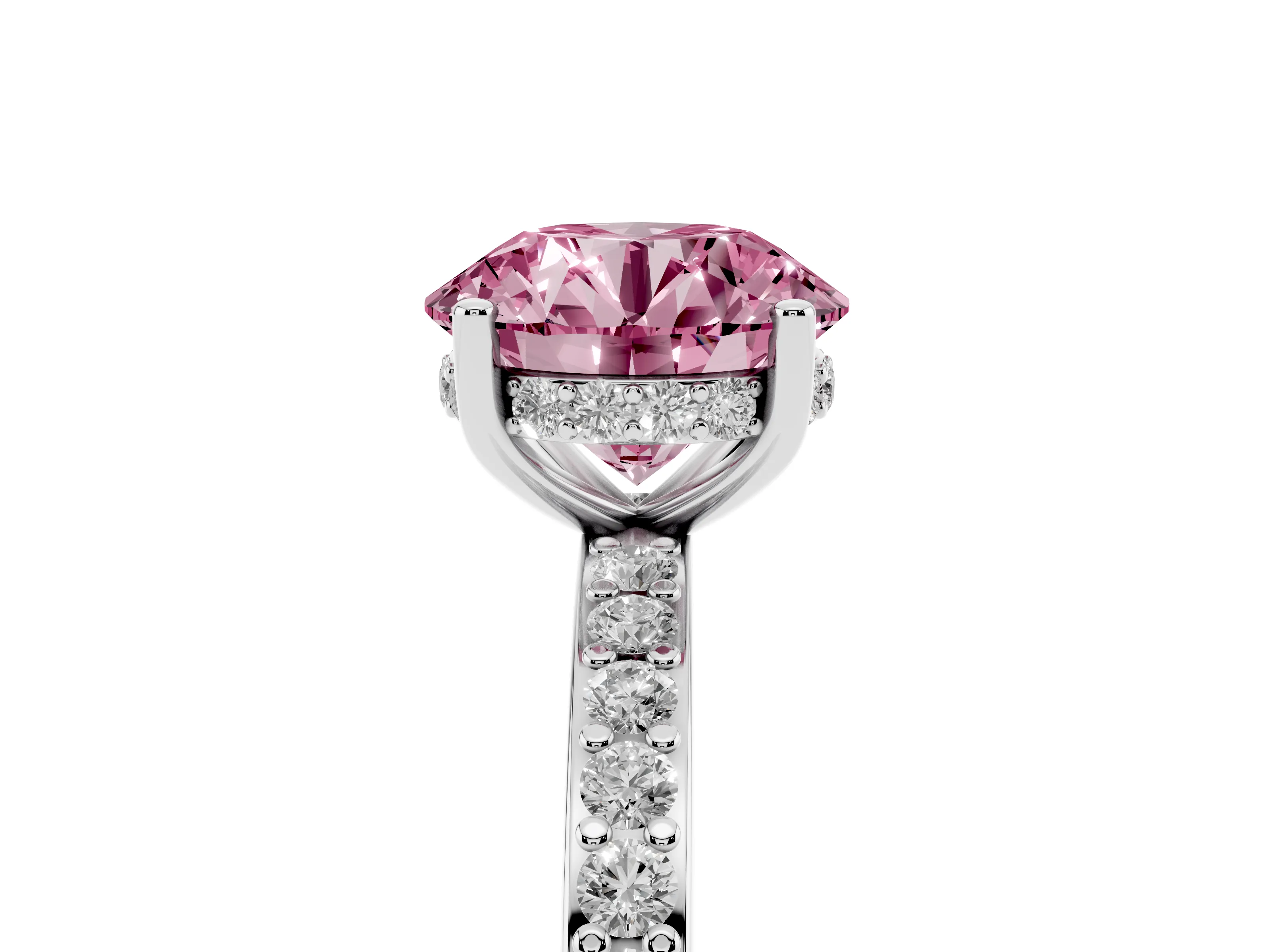 Fancy Pink Round Cut Diamond Pavé Band Ring Set in White gold with Prong-Set Center Stone