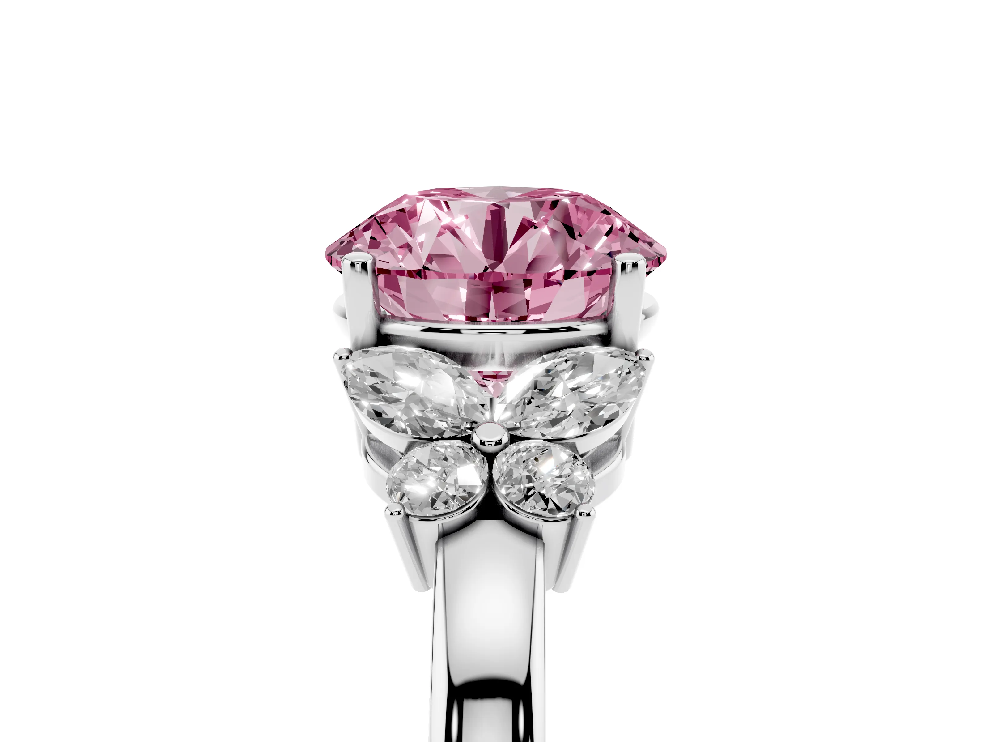 Fancy Pink Round Cut Diamond Solitaire Floral Ring Set in White gold with Marquise Petals and Prong Setting