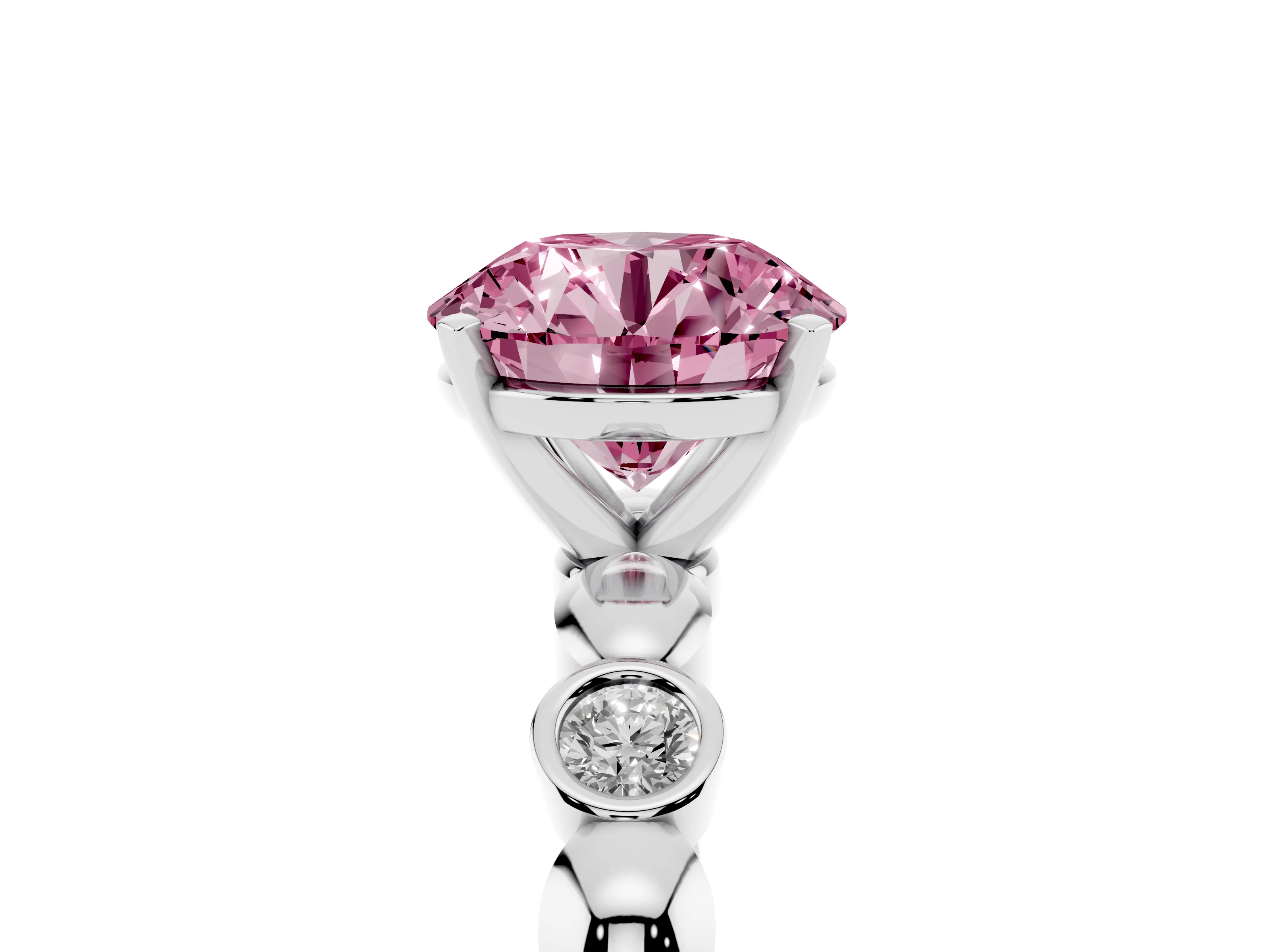 Fancy Pink Round Cut Diamond Solitaire Ring Set in Silver with Bezel-Set Accents on Beaded Band and Prong Setting