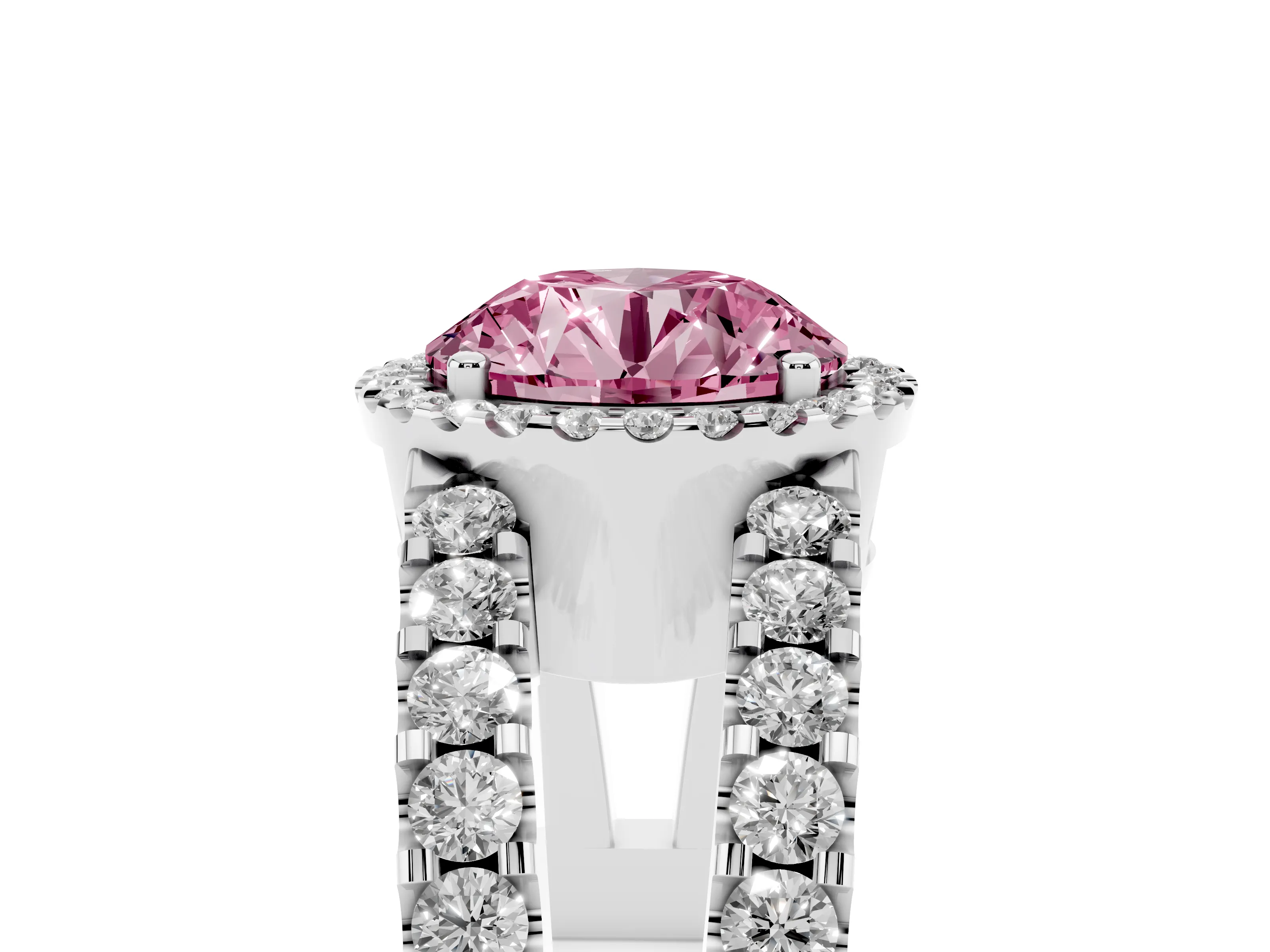Fancy Pink Round Cut Diamond Halo Ring Set in White gold with Pavé Split Shank and Prong Setting