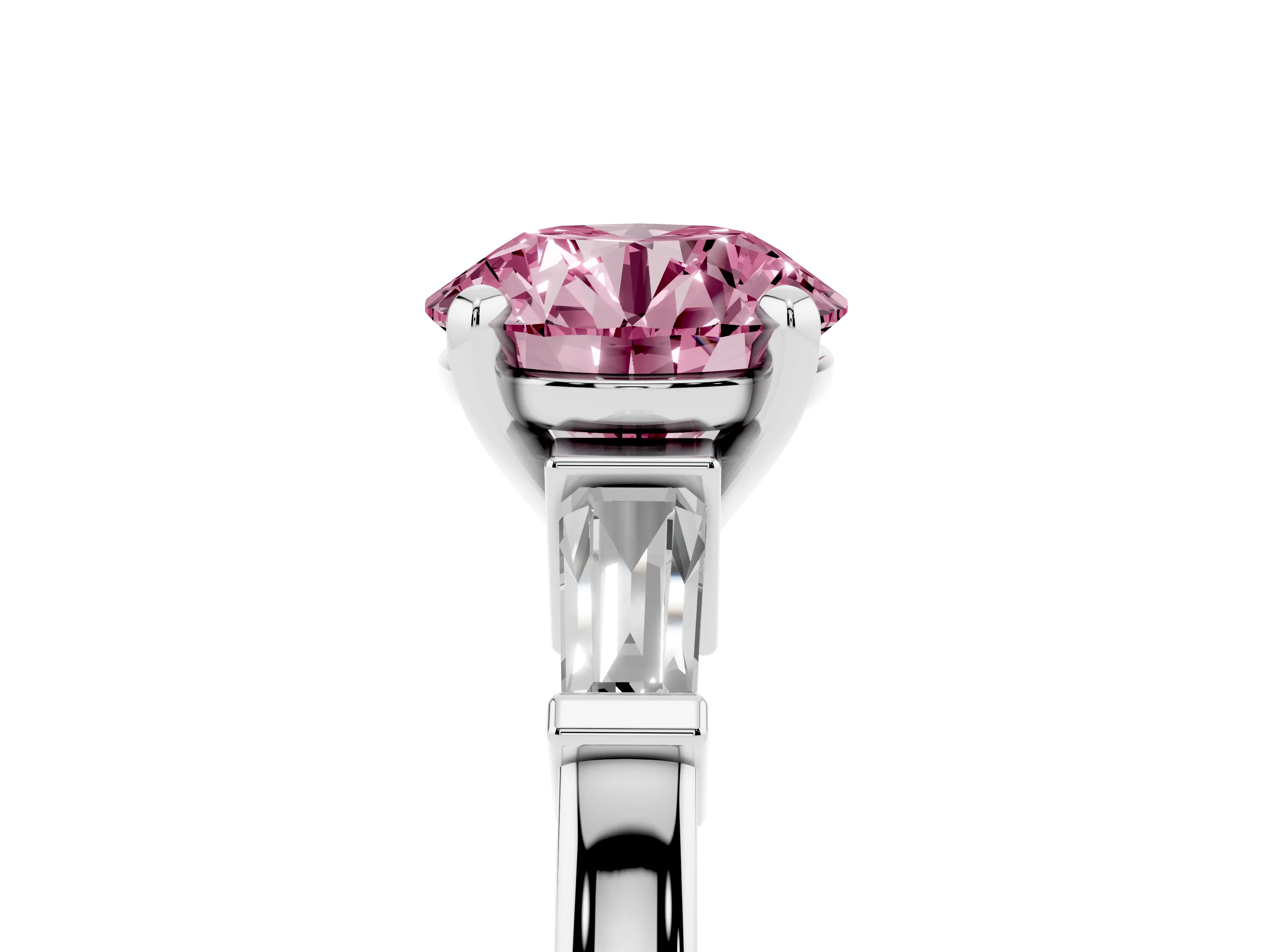 Fancy Pink Round Cut Diamond Solitaire Ring Set in Silver with Tapered Baguette Accents and Prong Setting