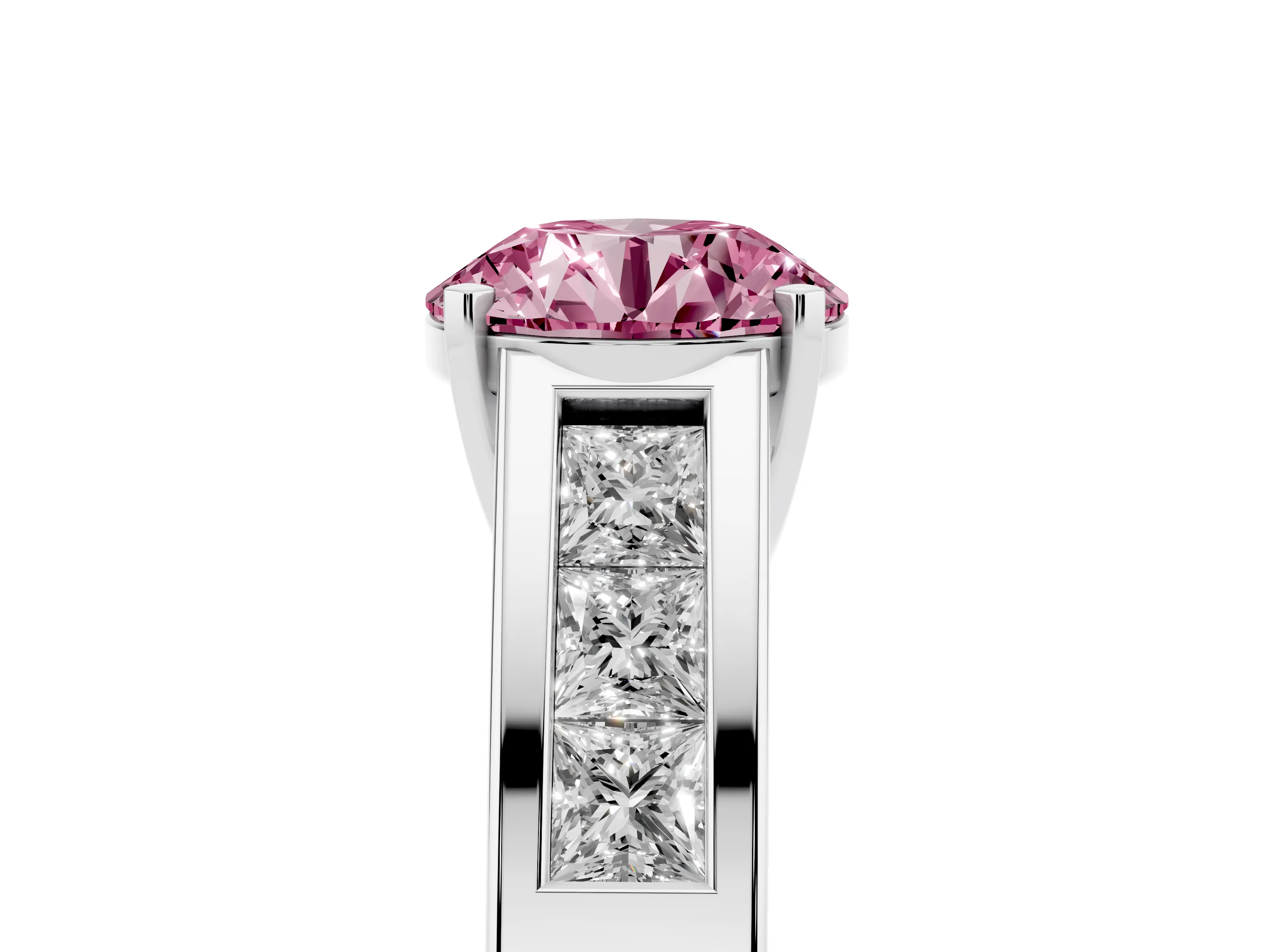 Fancy Pink Round Cut Diamond Solitaire Ring Set in Silver with Channel-Set Accent Stones and Prong Setting