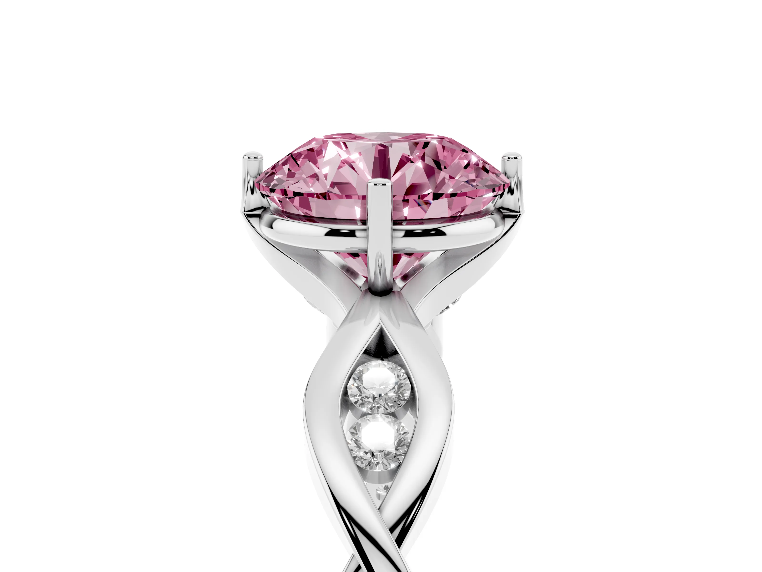 Fancy Pink Round Cut Diamond Twist Band Solitaire Ring Set in Silver with Leaf Prong Setting and Accent Stones