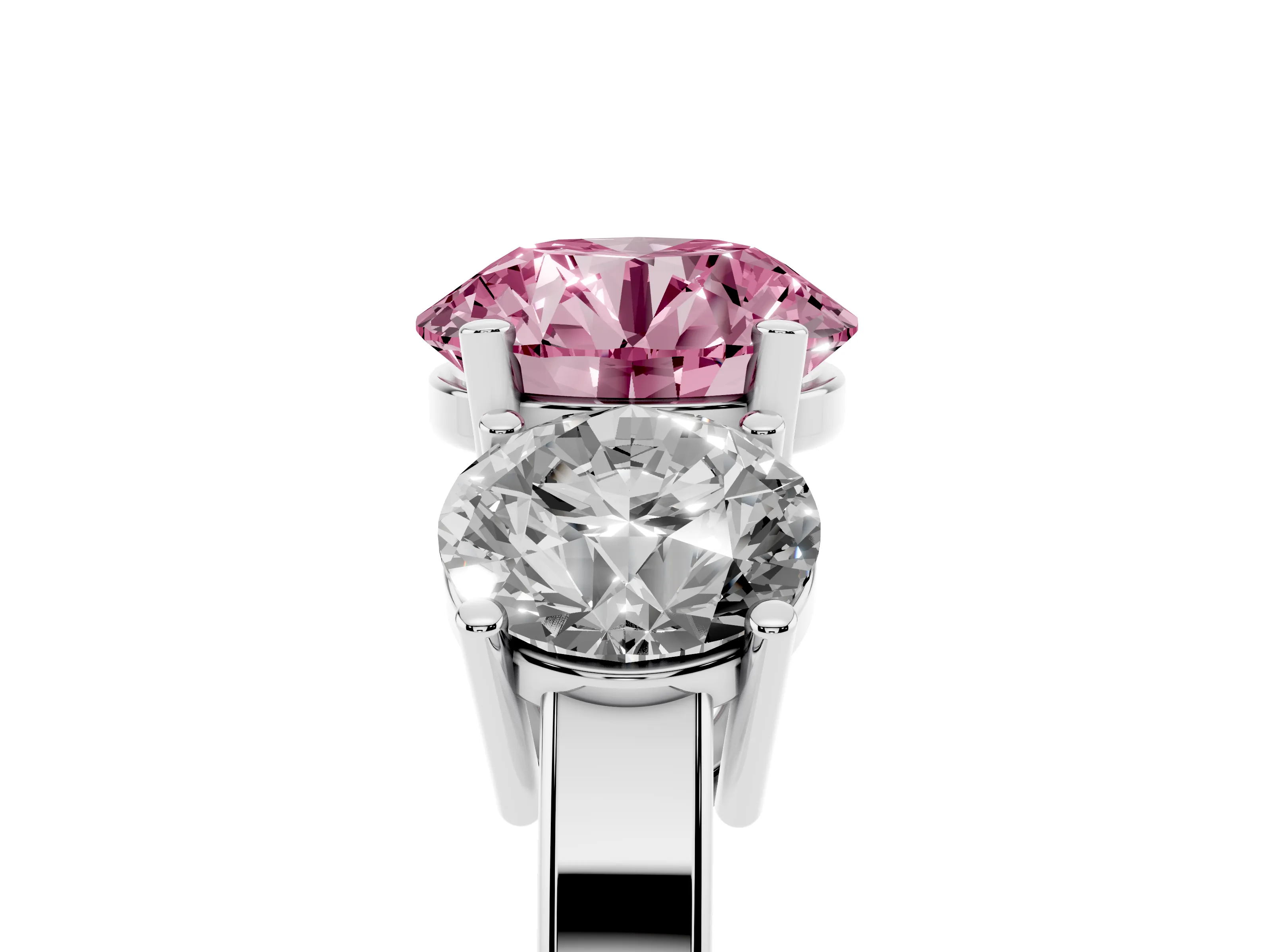 Fancy Pink Round Cut Diamond Three-Stone Engagement Ring Set in Platinum with Flat Band