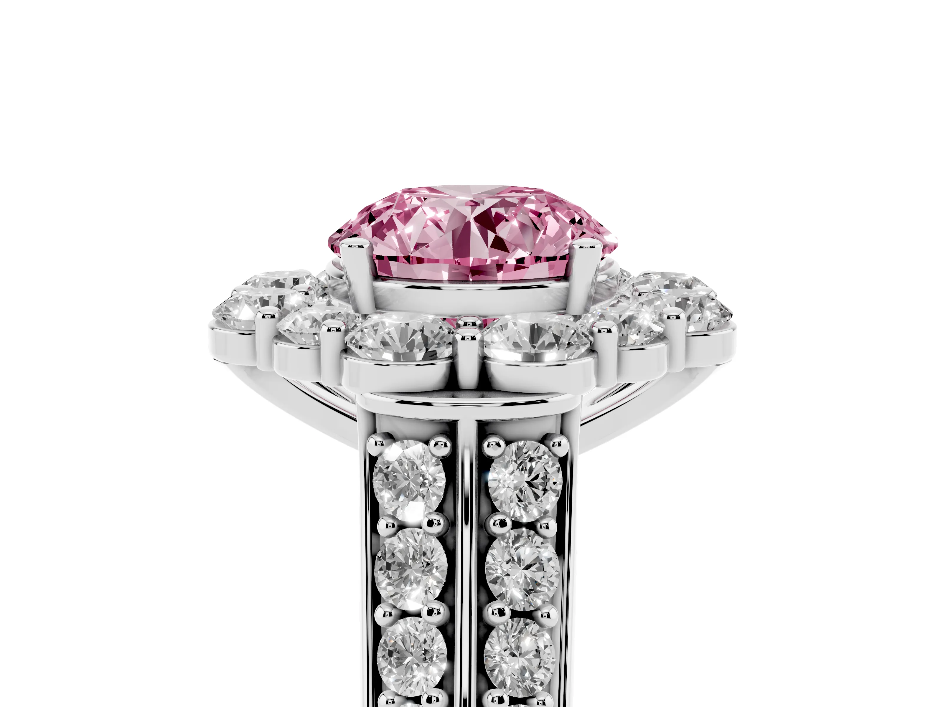 Fancy Pink Round Cut Diamond Halo Engagement Ring Set in Platinum with Split Shank and Prong Setting