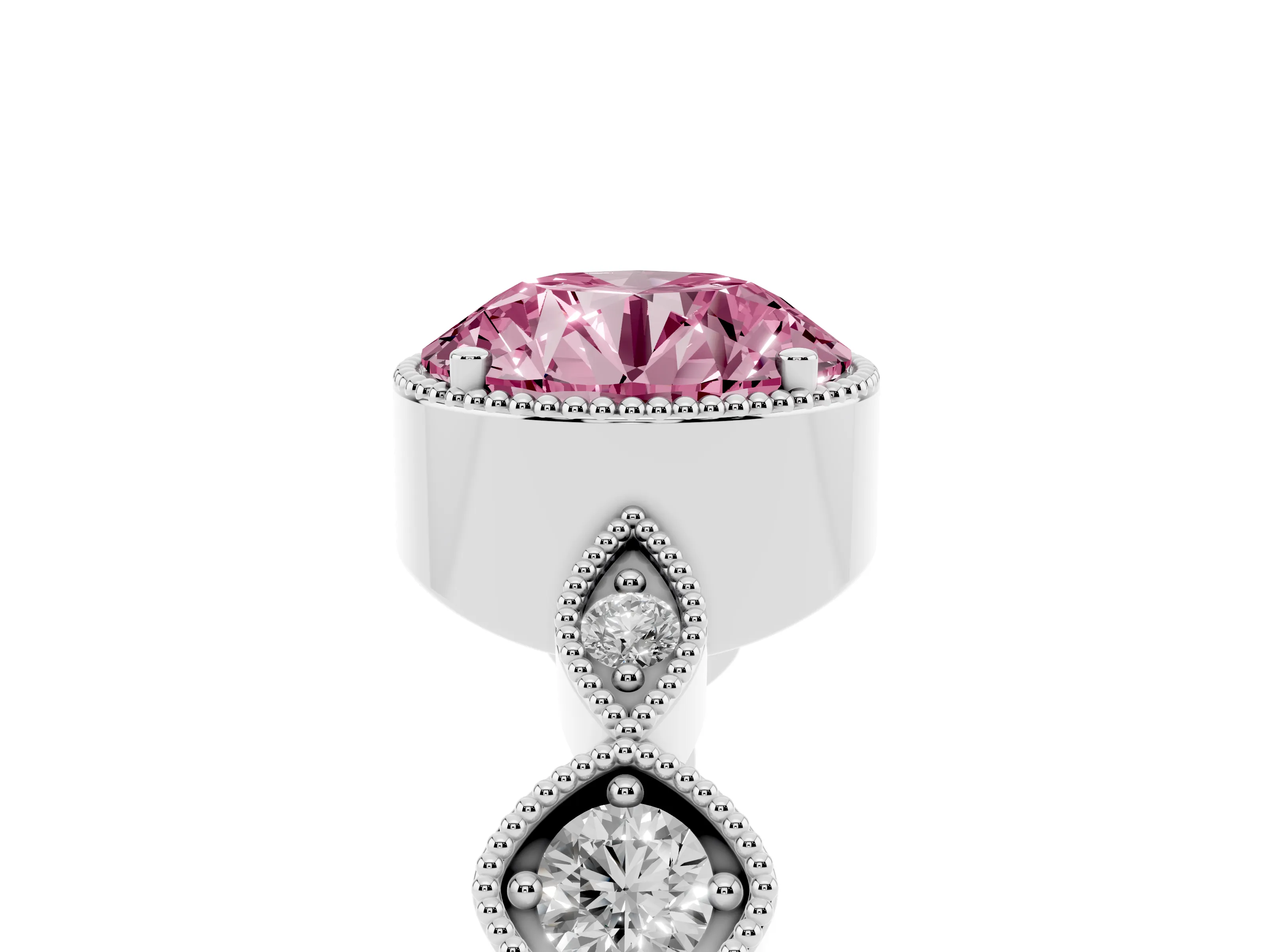 Fancy Pink Round Cut Diamond Vintage-Inspired Milgrain Ring Set in White gold with Marquise Stations of Round Accents