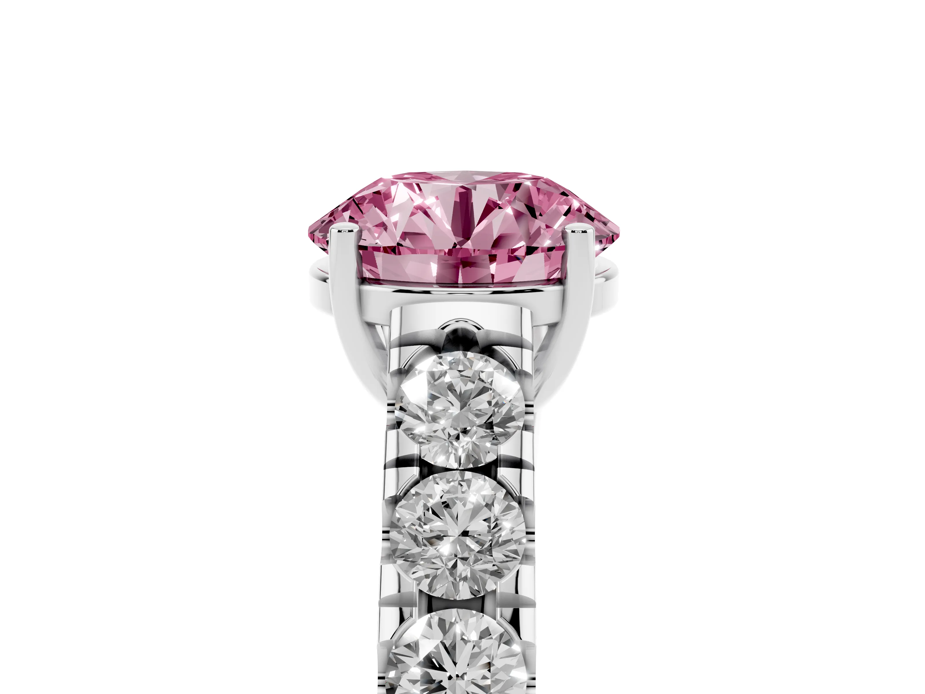 Fancy Pink Round Cut Diamond Solitaire Ring Set in Platinum with Cut-Down Micro Pavé Band and Prong Setting