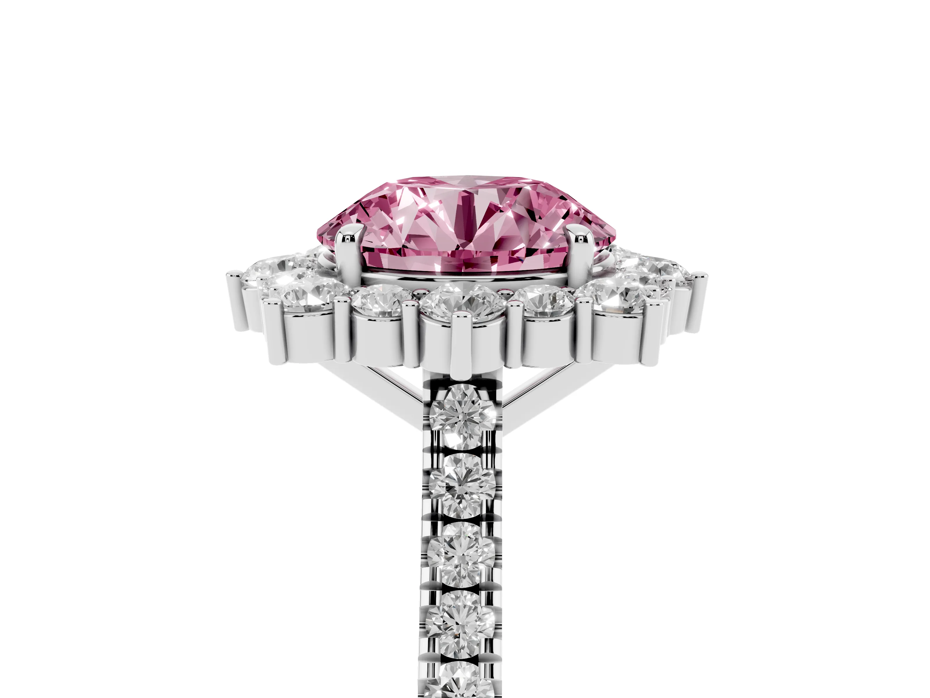 Fancy Pink Round Cut Diamond Halo Ring Set in Silver with Pavé Band and Prong Setting