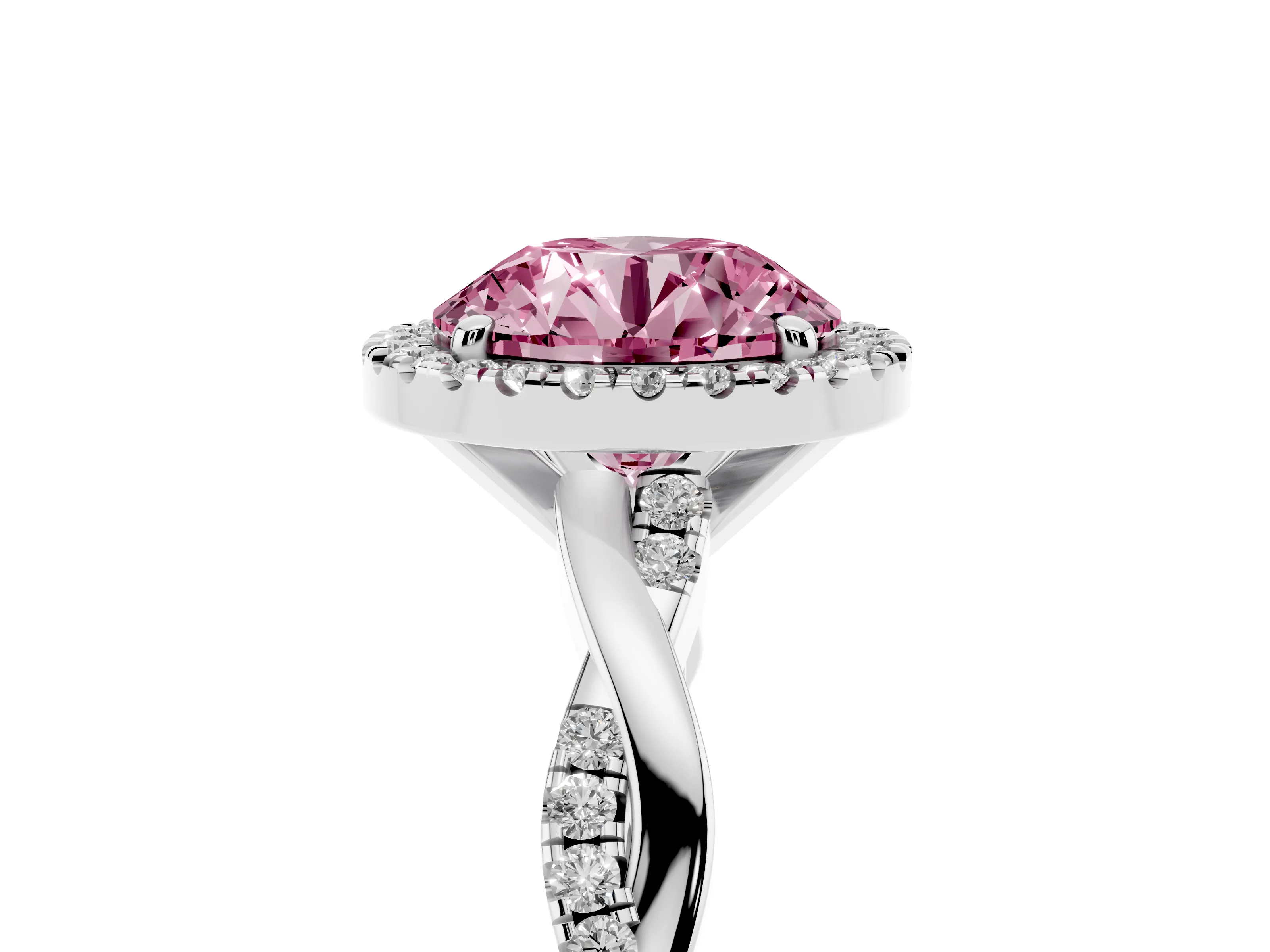 Fancy Pink Round Cut Diamond Halo Twisted Band Ring Set in Silver with Prong Setting