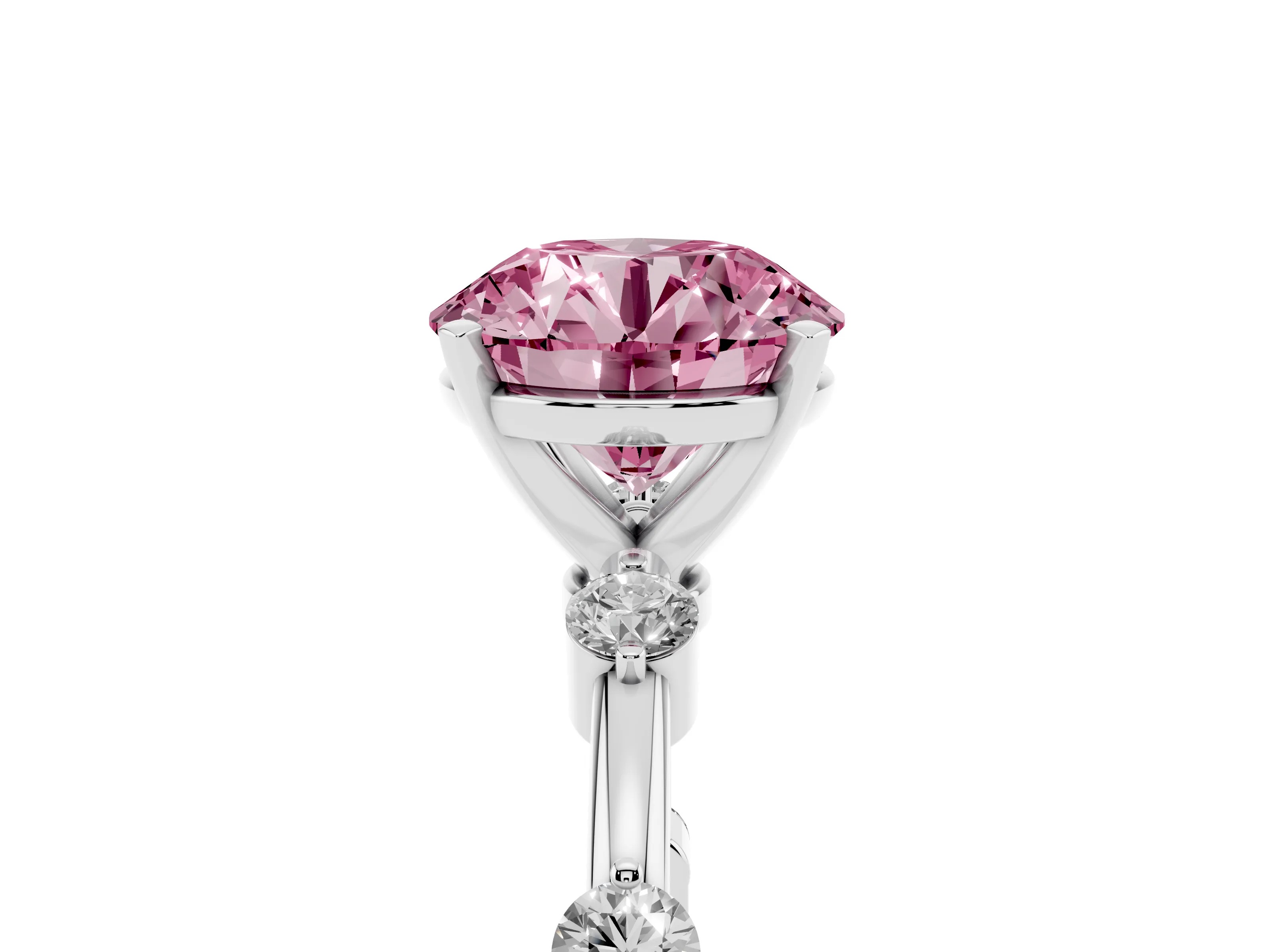 Fancy Pink Round Cut Diamond Solitaire Ring Set in Silver with Bezel Set Side Stones and Prong Setting