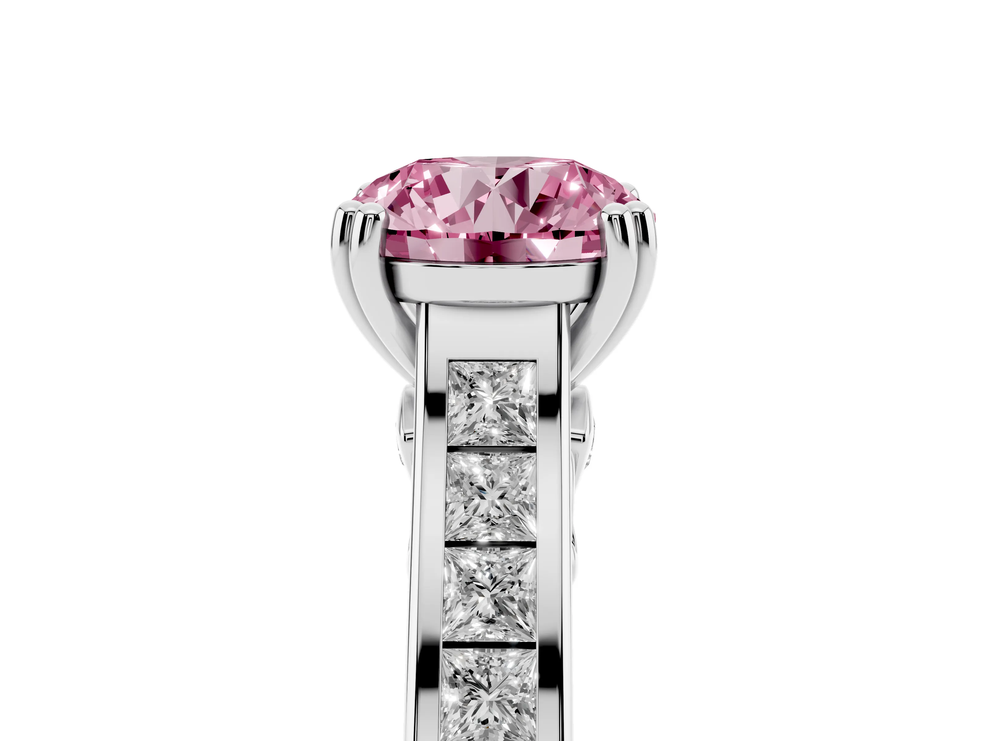 Fancy Pink Round Cut Diamond Channel Set Solitaire Engagement Ring Set in Silver with Prong Setting