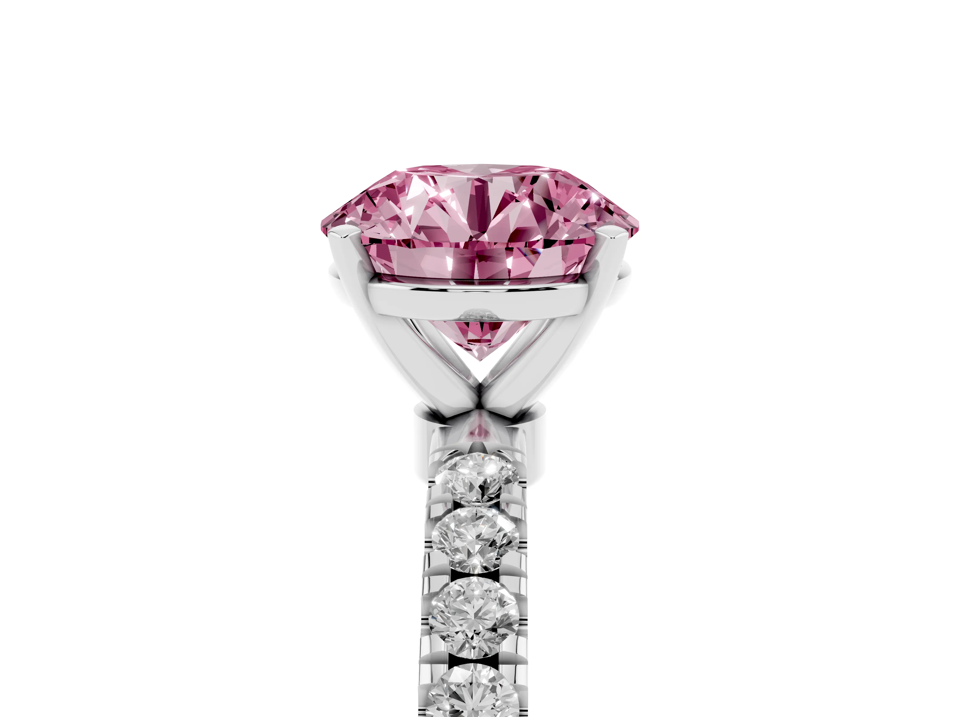 Fancy Pink Round Cut Diamond Solitaire Ring Set in Platinum with Pavé Accents and Prong Setting