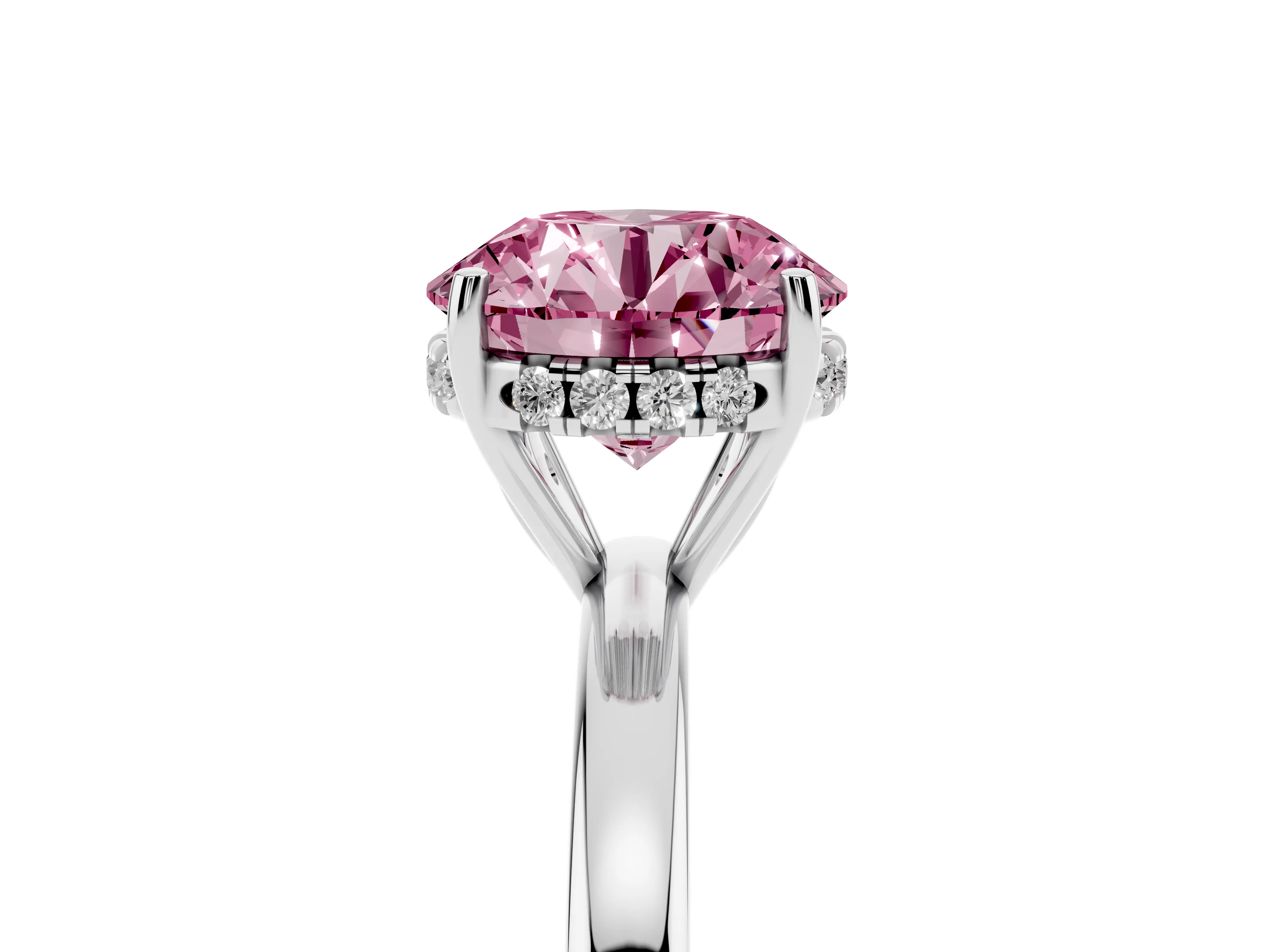 Fancy Pink Round Cut Diamond Solitaire Ring Set in Silver with Plain Band and Prong Setting