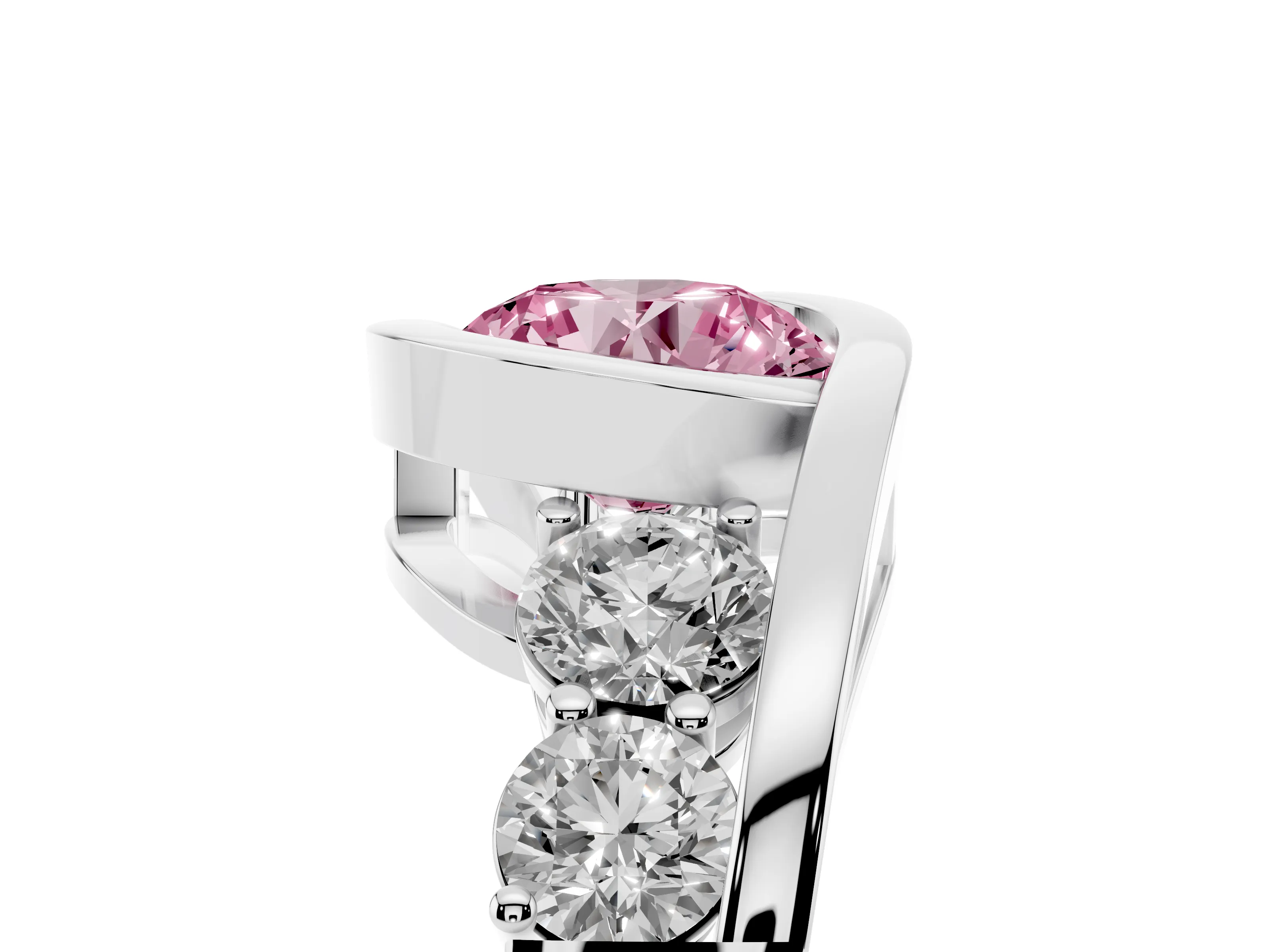 Fancy Pink Round Cut Diamond Bezel Bypass Ring Set in Silver with Round Accents