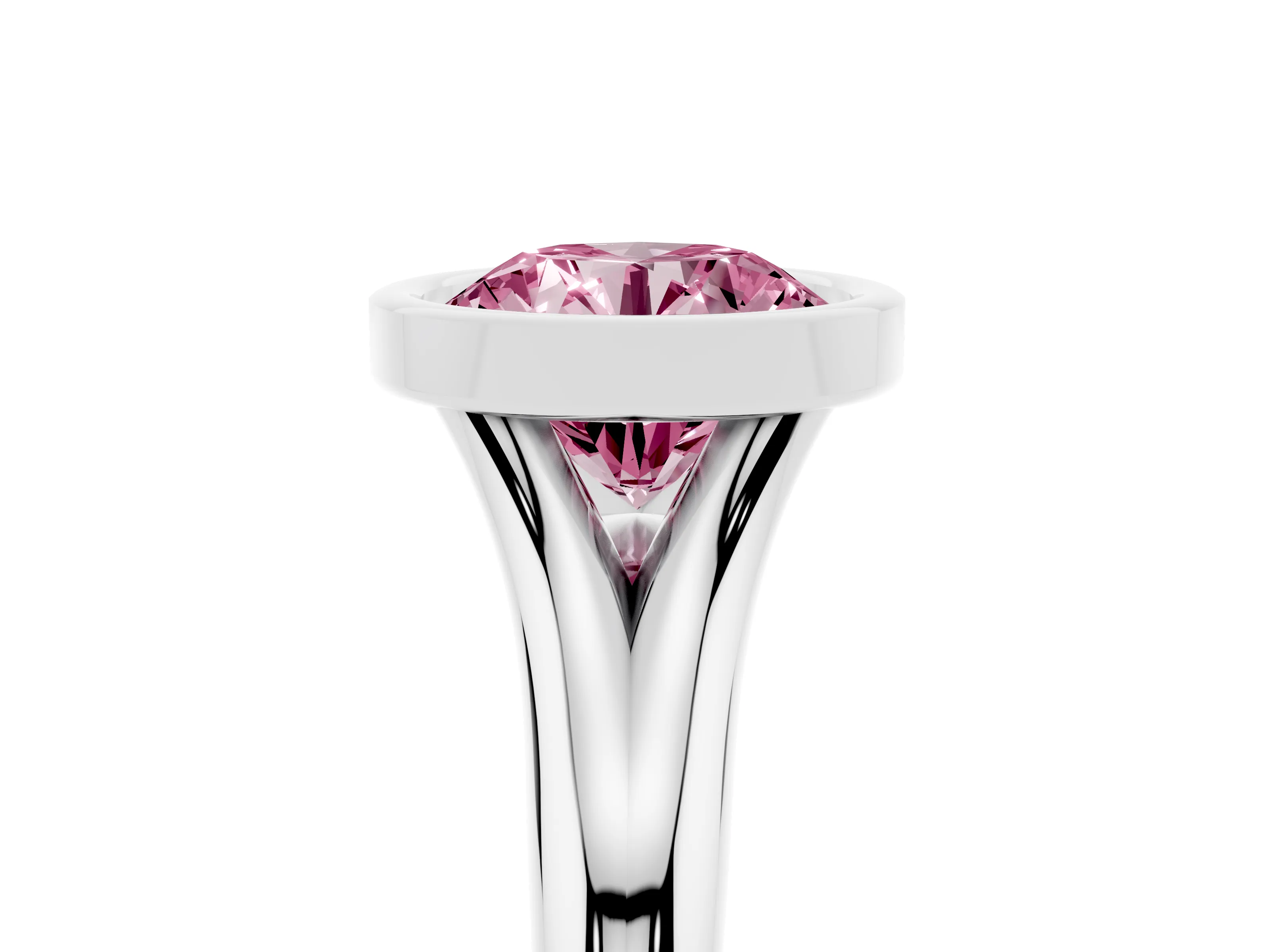 Fancy Pink Bezel Set Round Cut Diamond Solitaire Ring Set in Platinum with Smooth Band