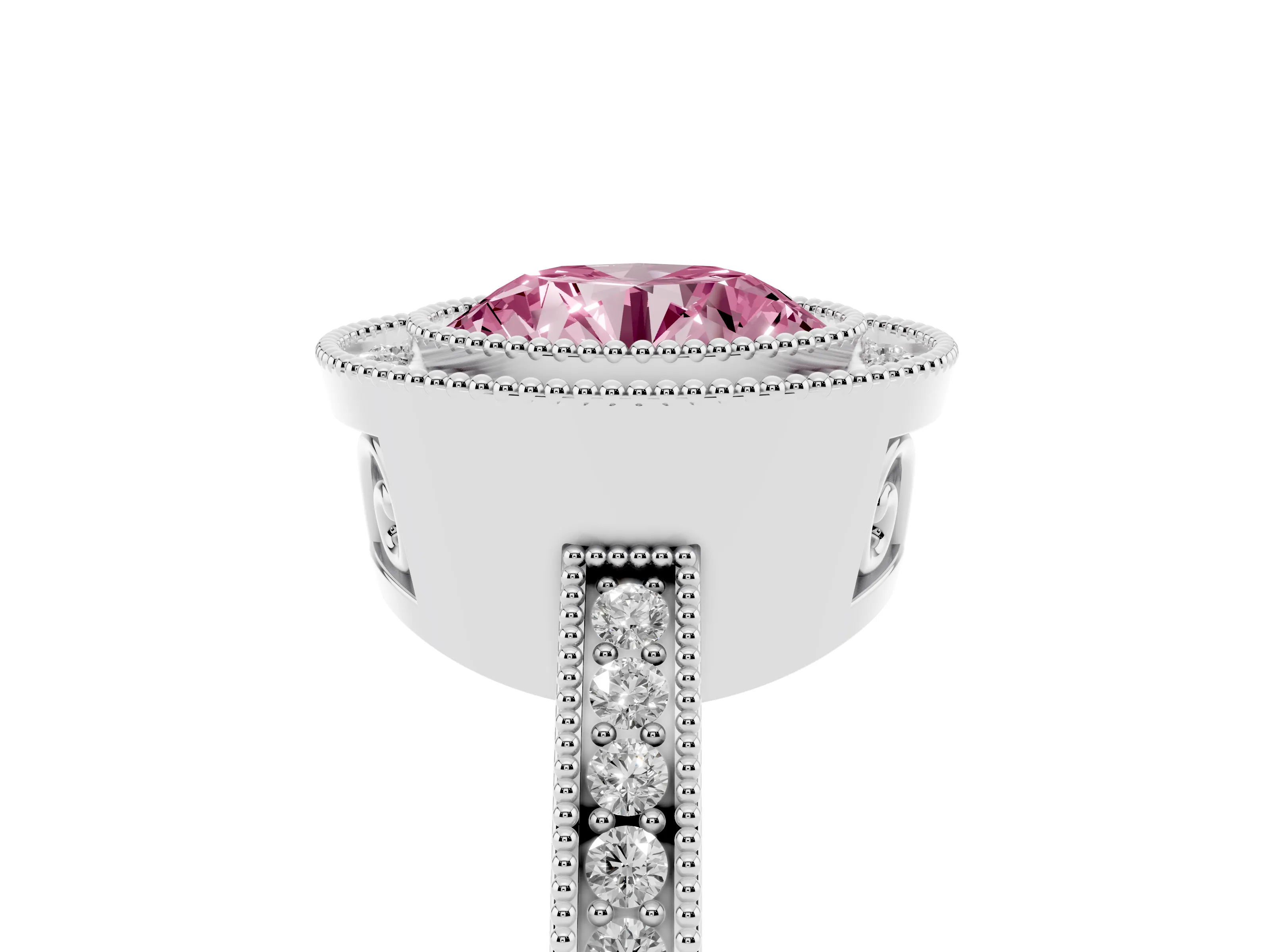Fancy Pink Round Cut Diamond Halo Ring Set in Platinum with Pavé Band and Milgrain-Edged Prongs