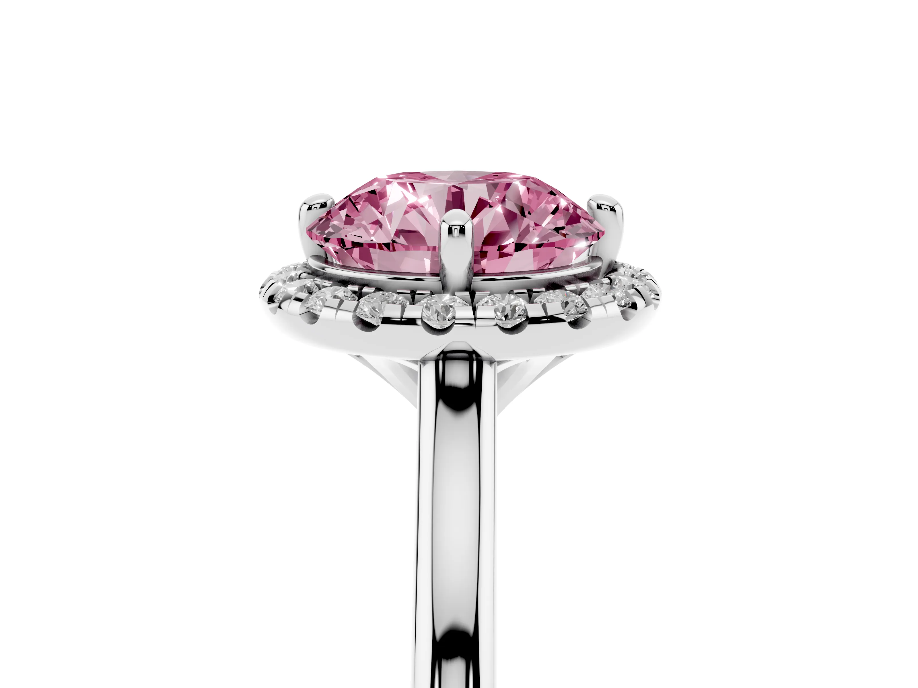 Fancy Pink Round Cut Diamond Halo Engagement Ring Set in Platinum with Pavé Band and Rising Shoulders