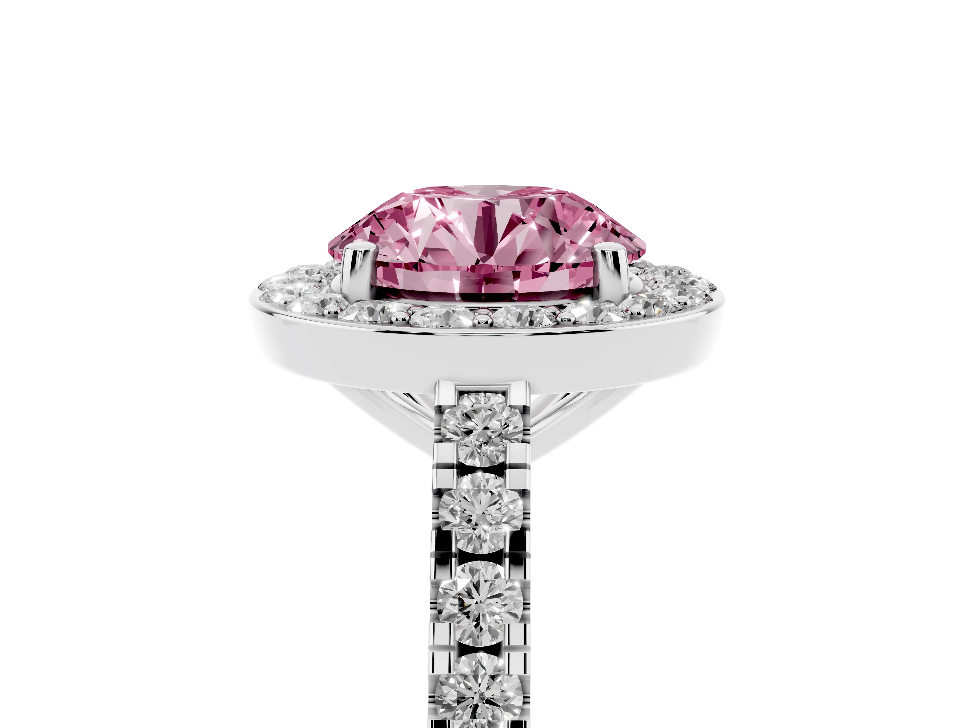 Fancy Pink Round Cut Diamond Halo Ring Set in Silver with Round Pavé Split Shank and Prong Setting
