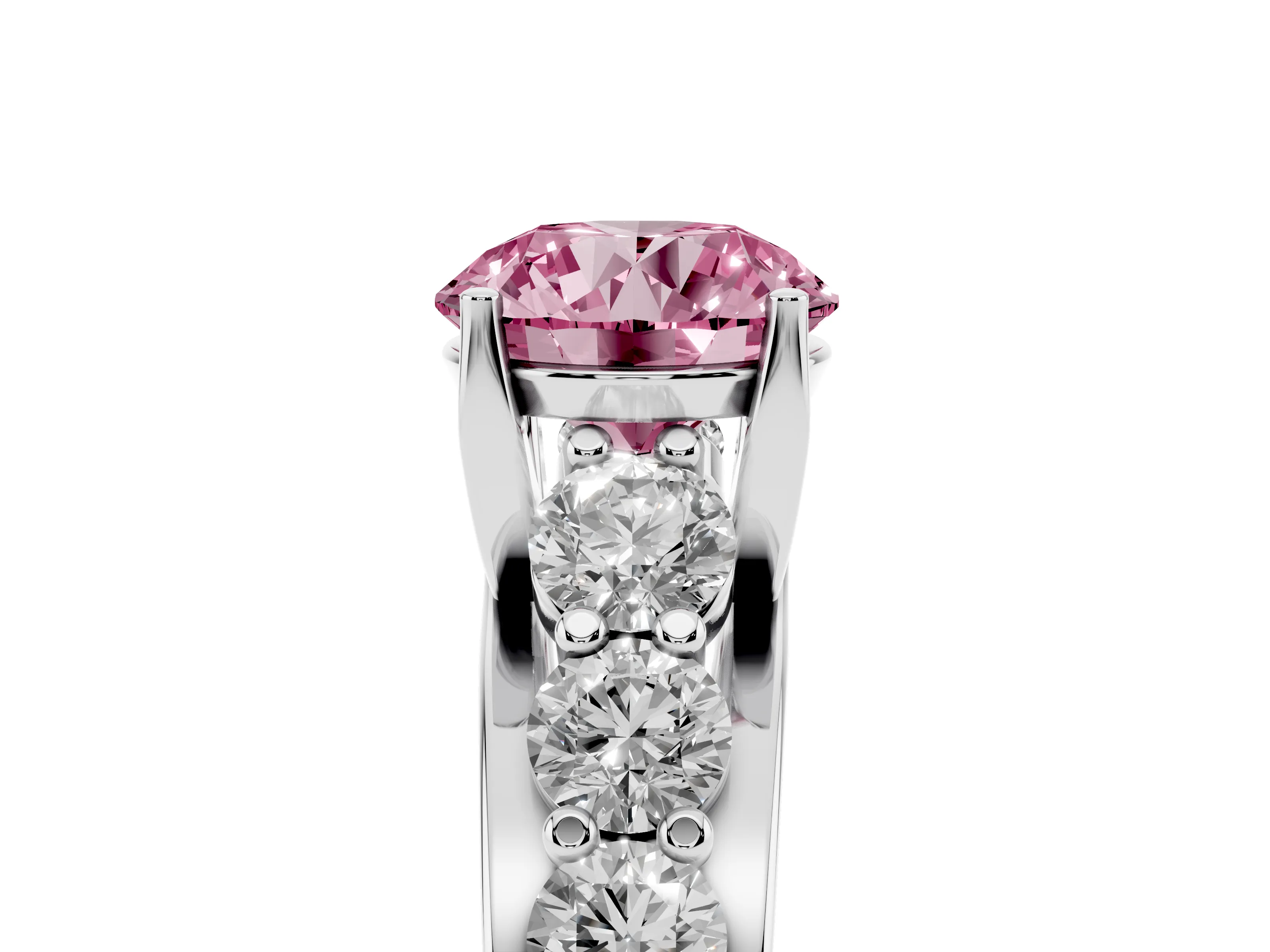Fancy Pink Round Cut Diamond Pavé Engagement Ring Set in Silver with Prong Setting