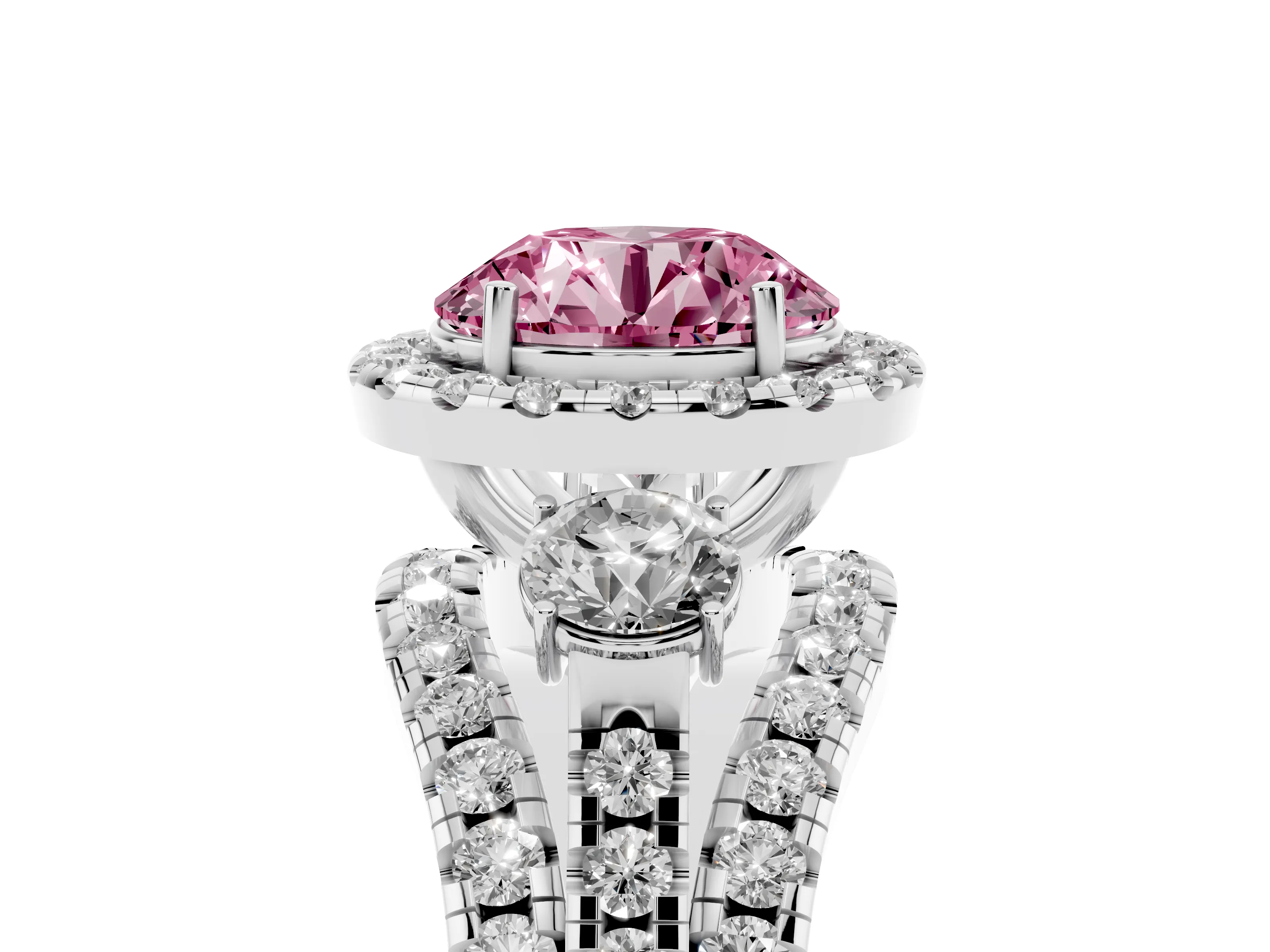 Fancy Pink Round Cut Diamond Halo Split Shank Ring Set in White gold with Round Accent Stones and Prong Setting