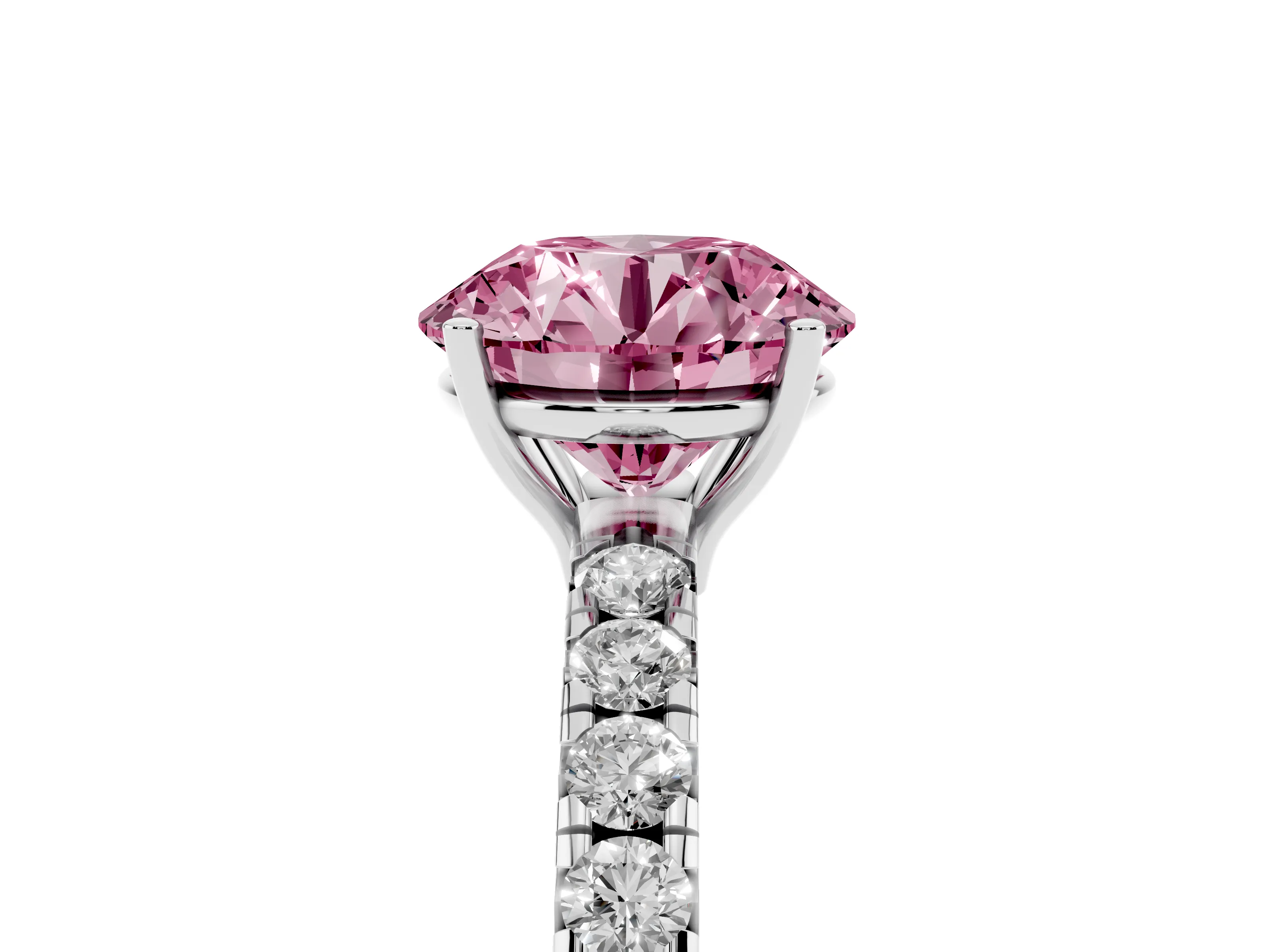 Fancy Pink Round Cut Diamond Pavé Solitaire Engagement Ring Set in White gold with Prong Setting