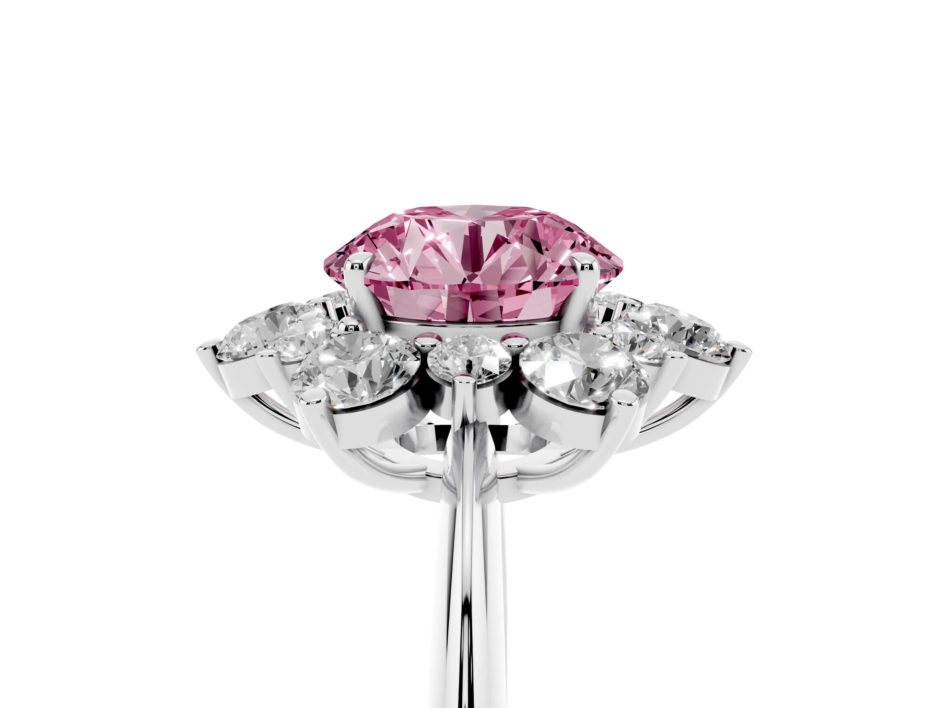 Fancy Pink Round Cut Diamond Cluster Halo Ring Set in White gold with Solitaire Band and Prong Setting