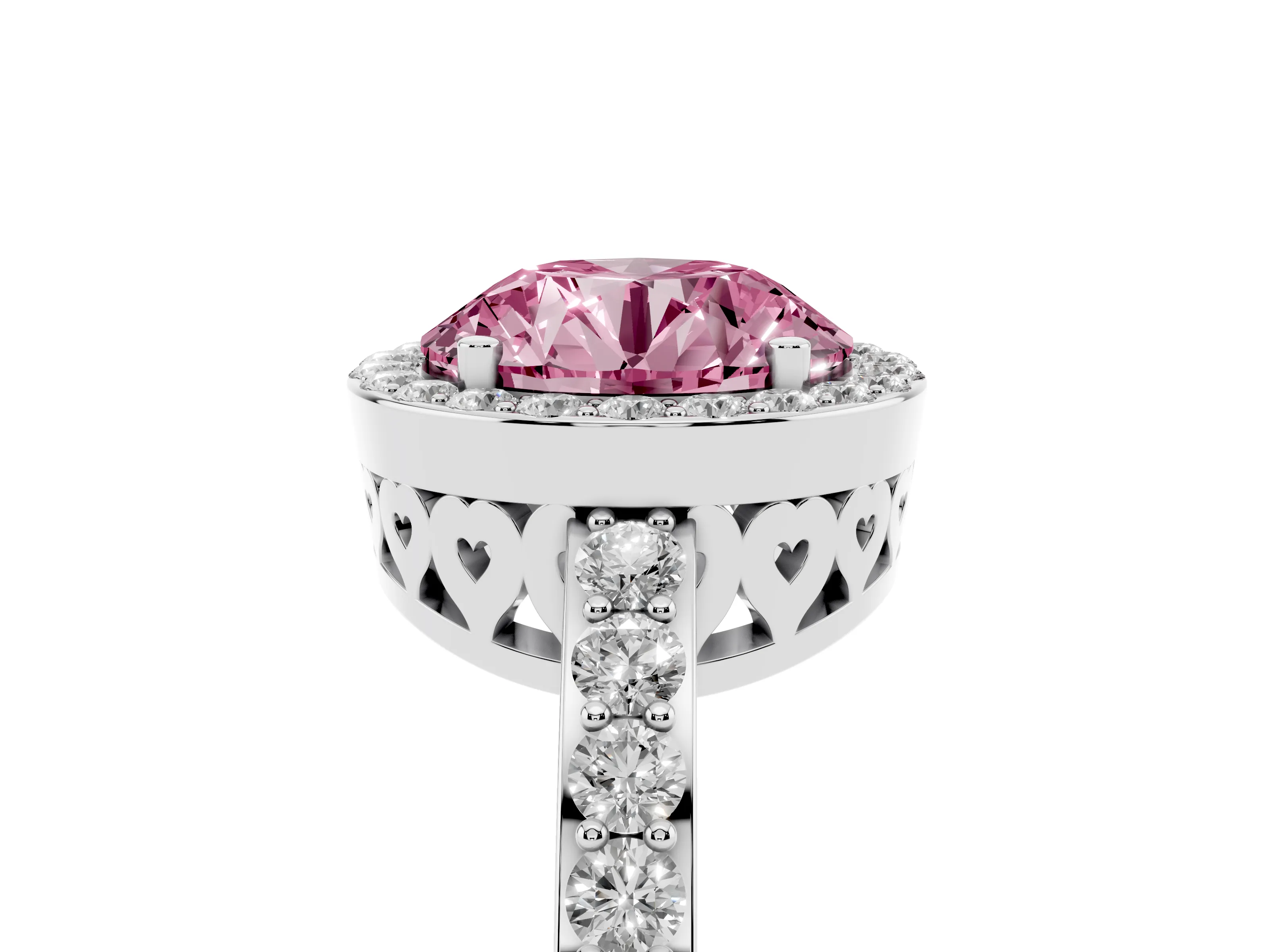 Fancy Pink Round Cut Diamond Halo Ring Set in White gold with Pavé-Setting Band and Open Prong Center