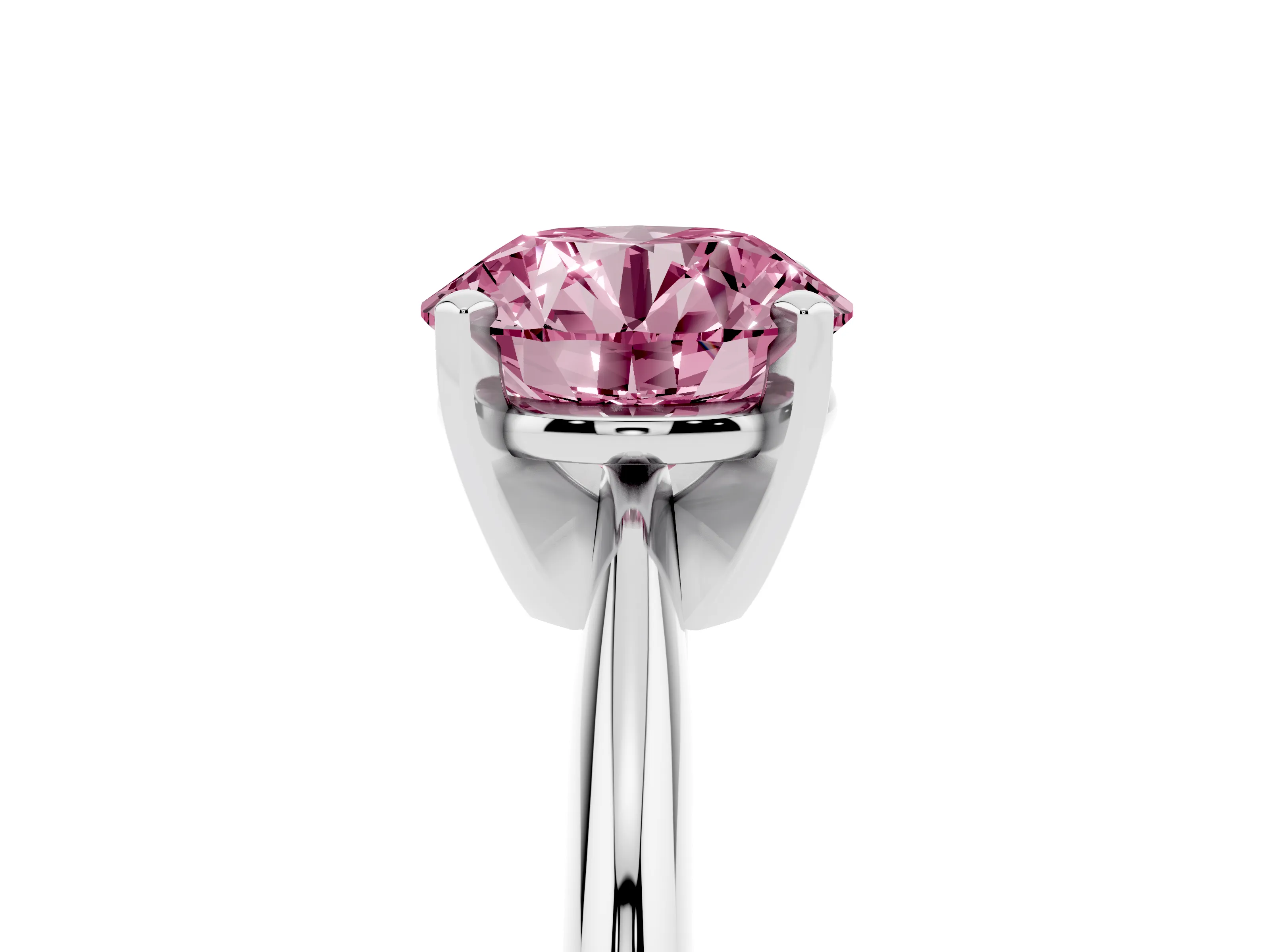 Fancy Pink Round Cut Diamond Solitaire Ring Set in Platinum with Prong Setting on a Plain Round Band