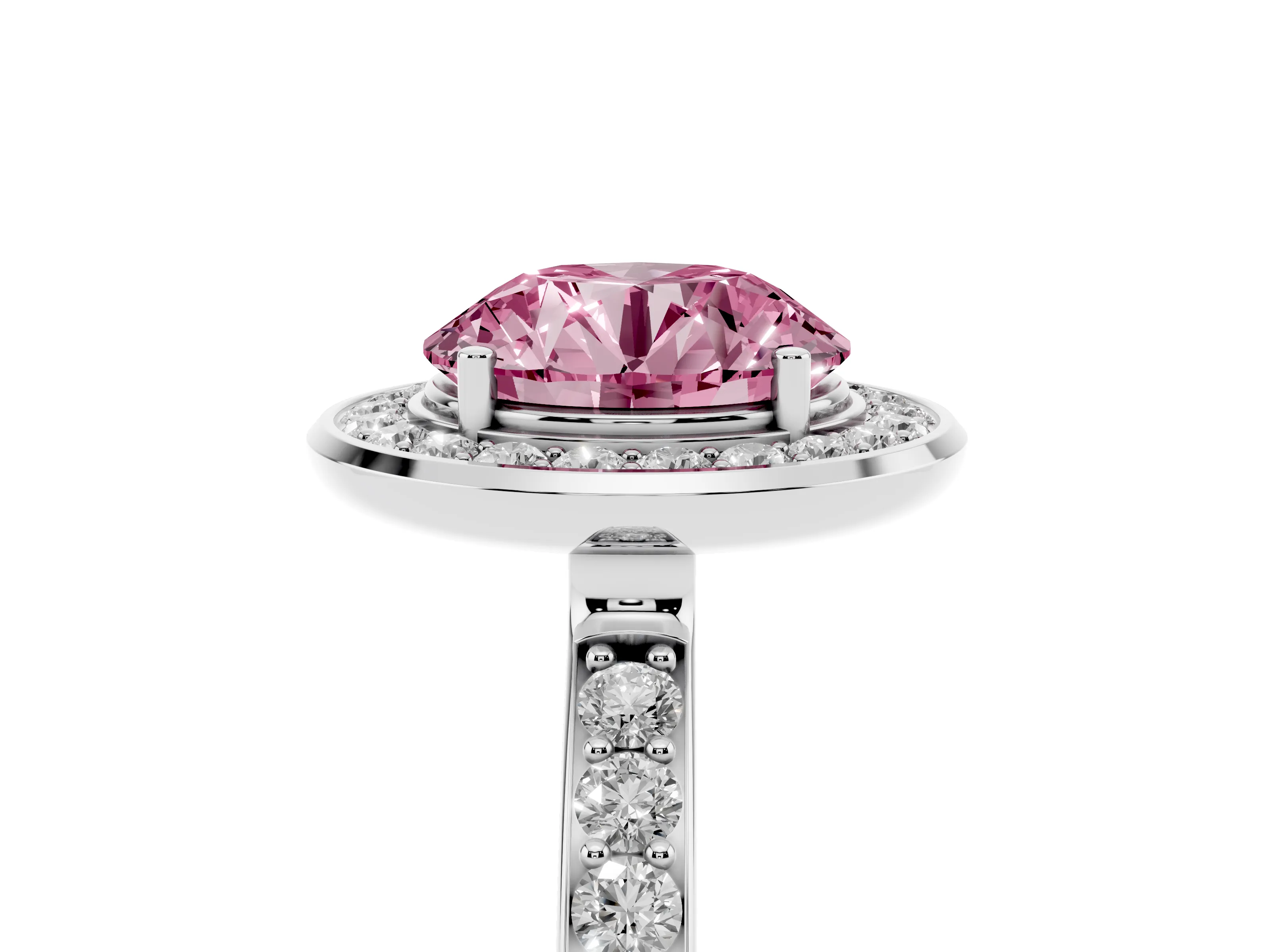 Fancy Pink Round Cut Diamond Halo Ring Set in Silver with Bezel Frame and Pavé Band