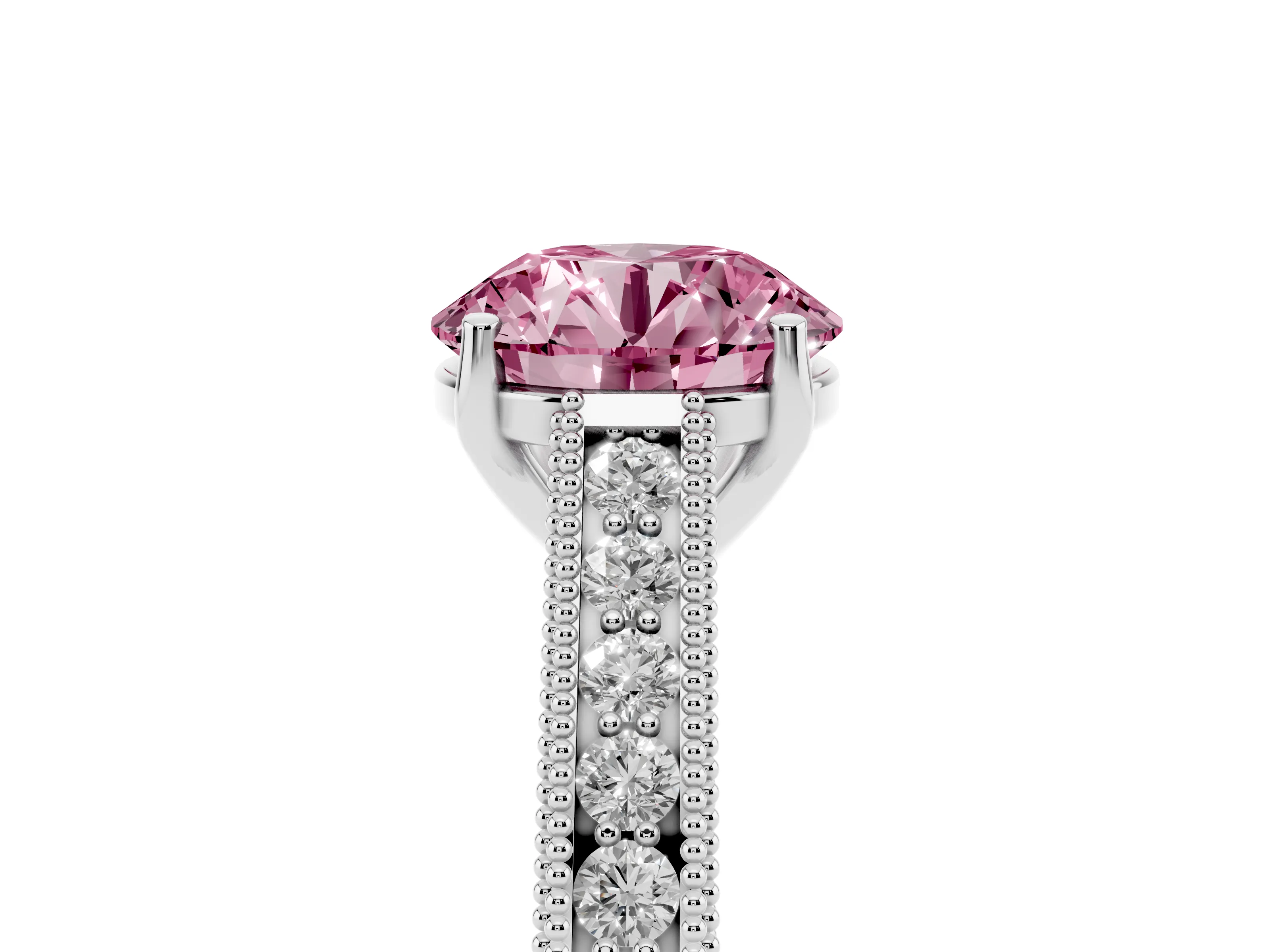 Fancy Pink Round Cut Diamond Milgrain Pavé Band Solitaire Ring Set in Silver with Prong Setting