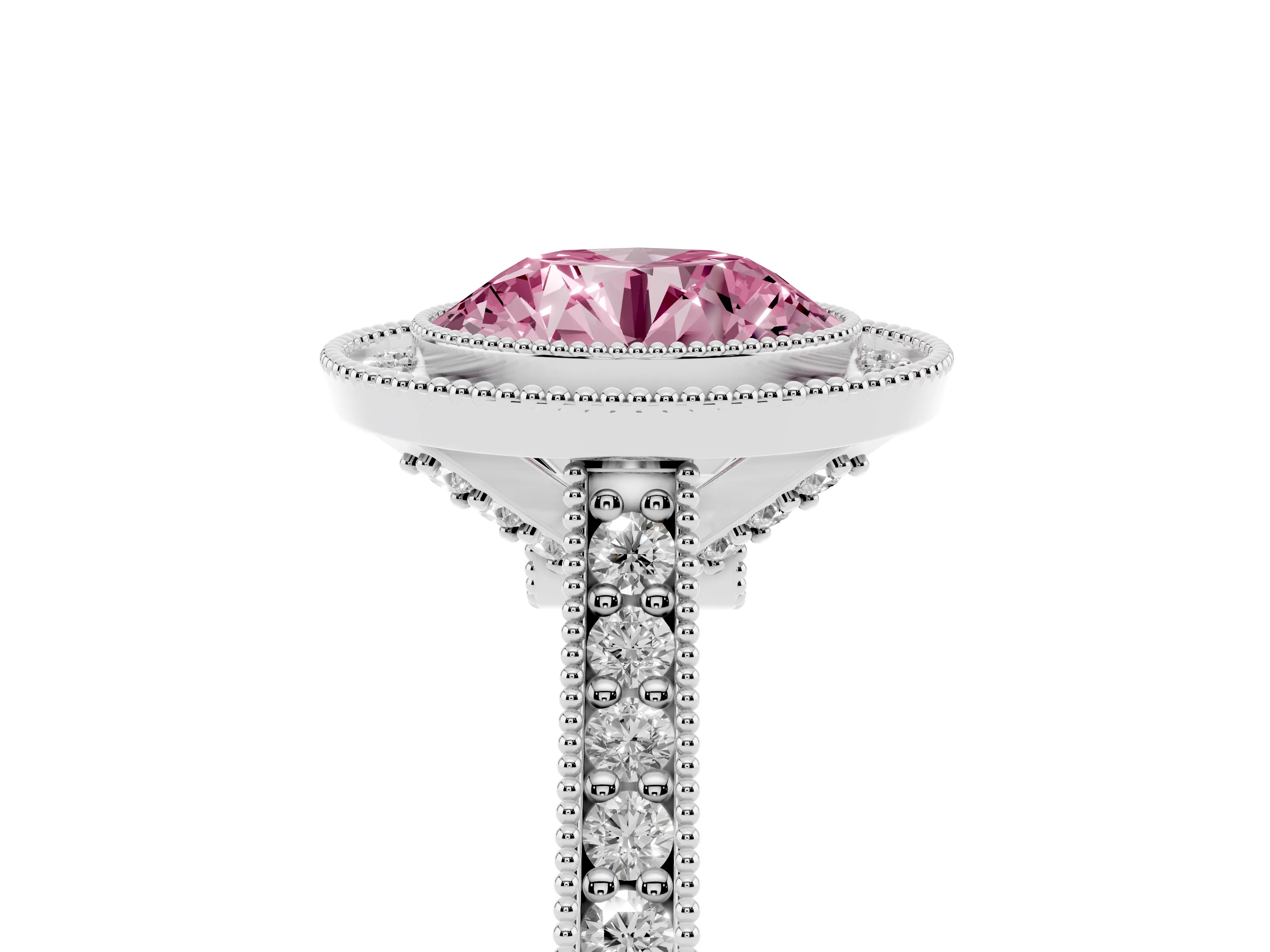 Fancy Pink Round Cut Diamond Halo Milgrain Pavé Band Ring Set in Platinum with Prong Setting