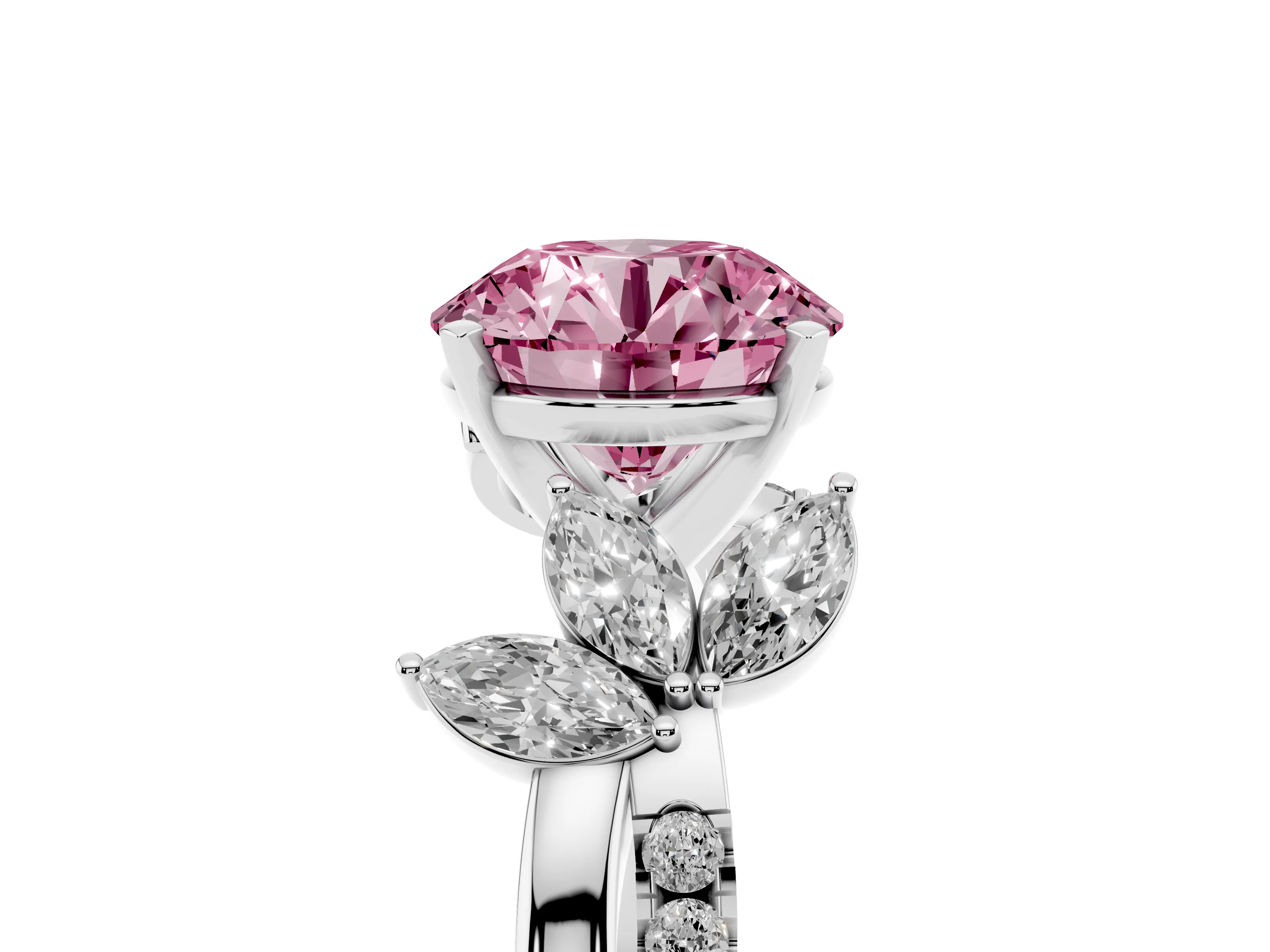 Fancy Pink Round Cut Diamond Floral Vine Solitaire Engagement Ring Set in White gold with Marquise Leaves