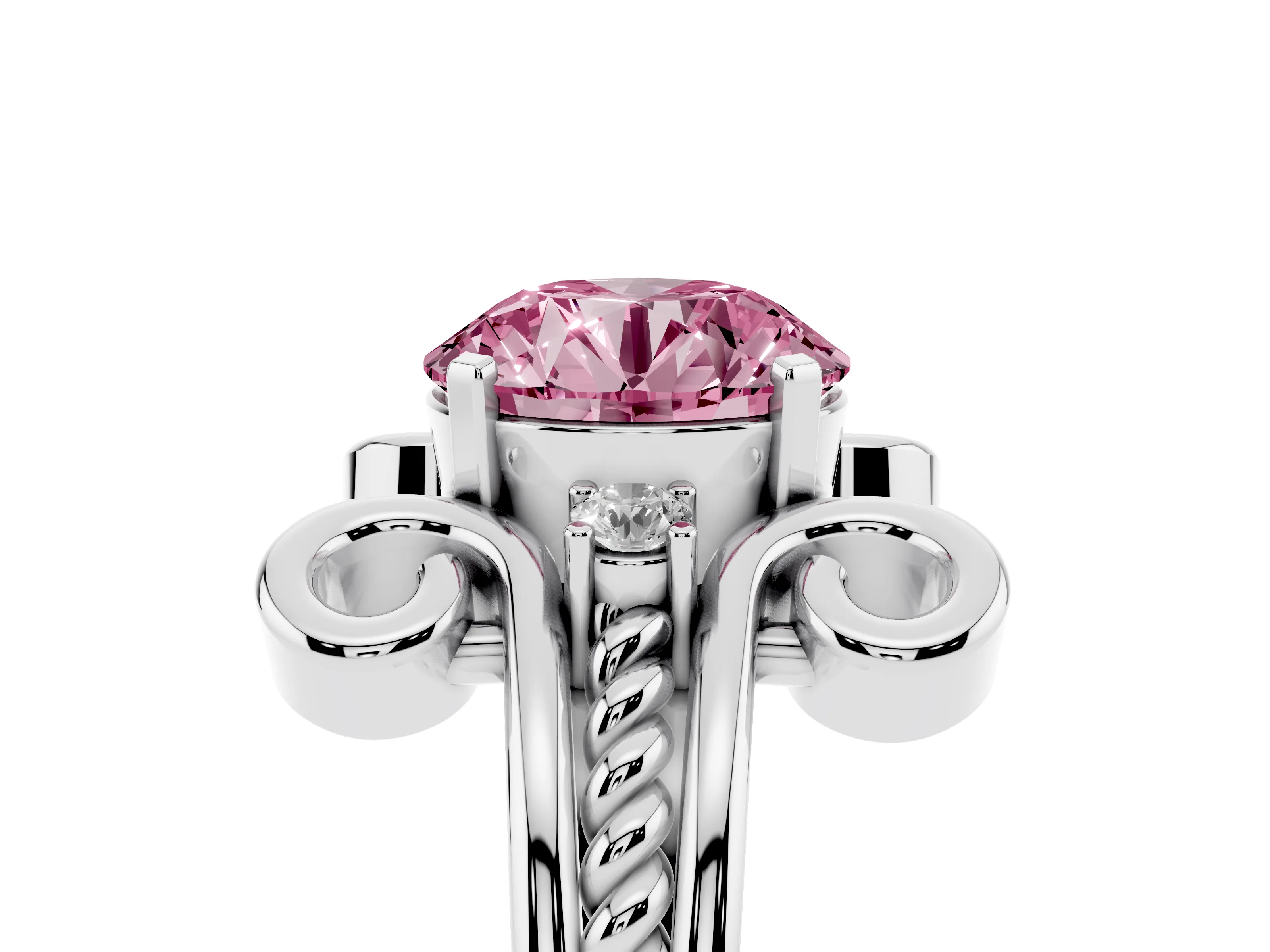 Fancy Pink Round Cut Diamond Twisted Band Solitaire Ring Set in Platinum with Scroll Prongs