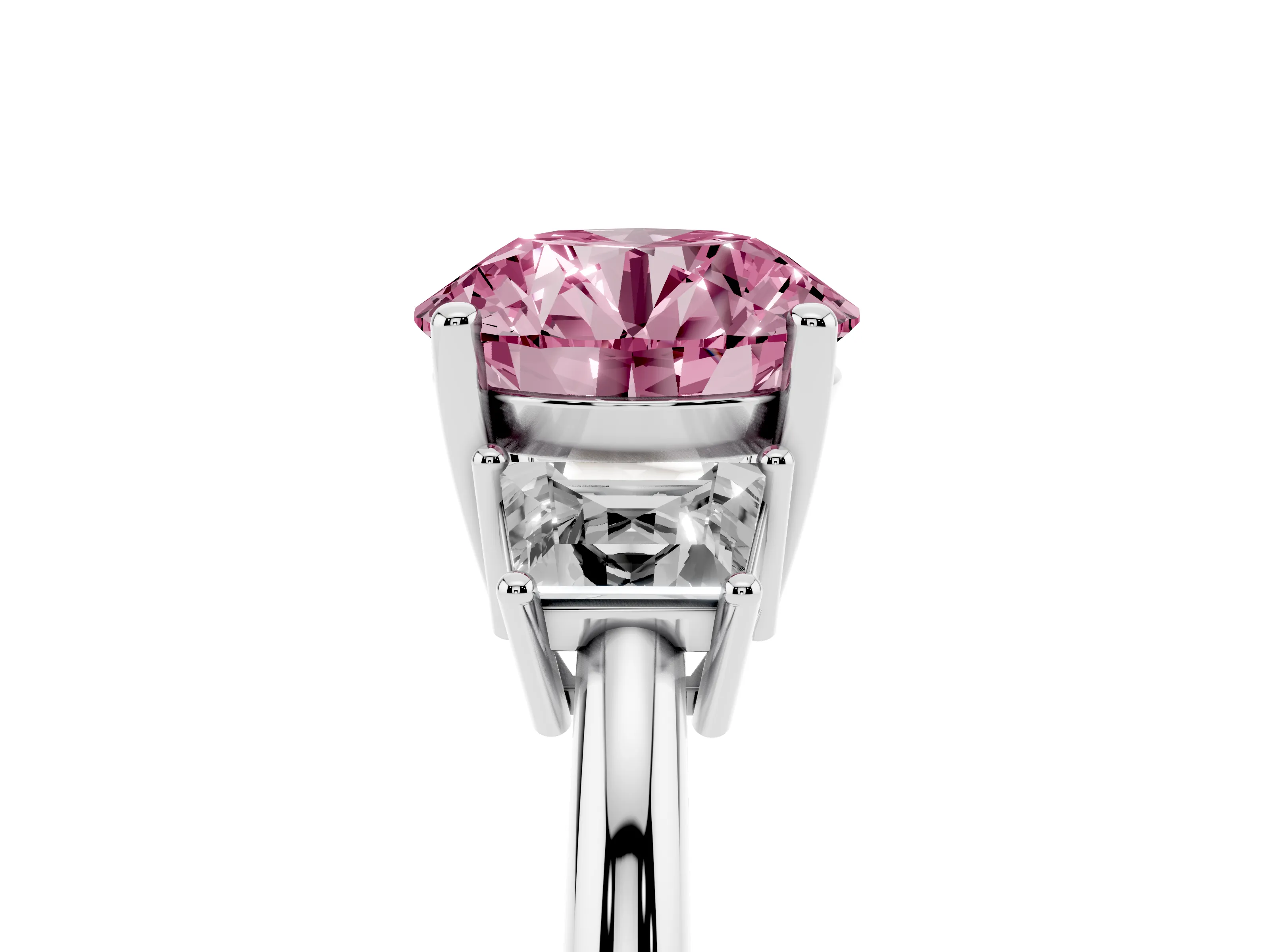 Fancy Pink Round Cut Diamond Three-Stone Ring Set in Platinum with Trapezoid Side Stones and Prong Setting