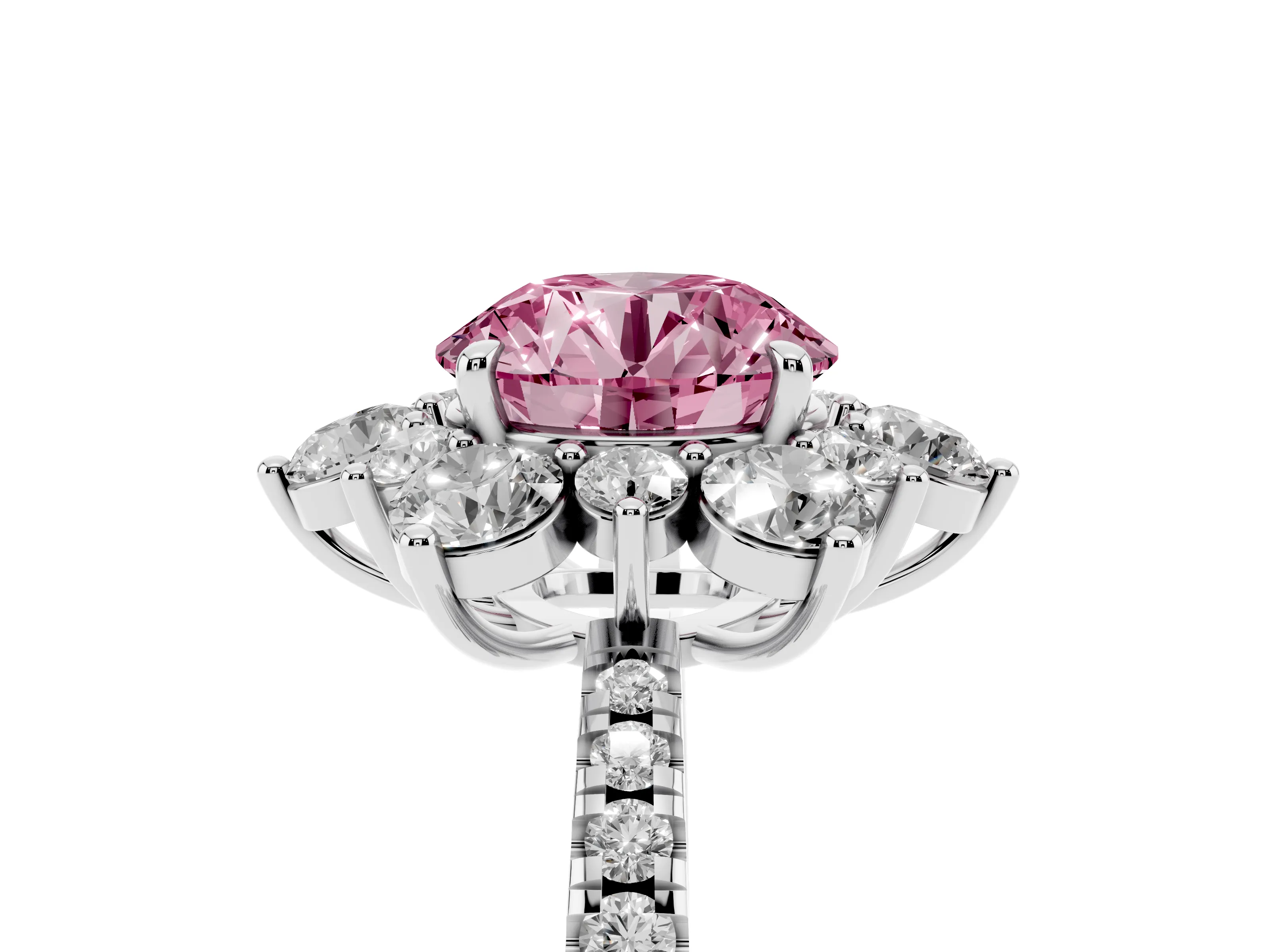 Fancy Pink Round Cut Diamond Floral Halo Ring Set in Platinum with Round Pavé Band and Prong Setting