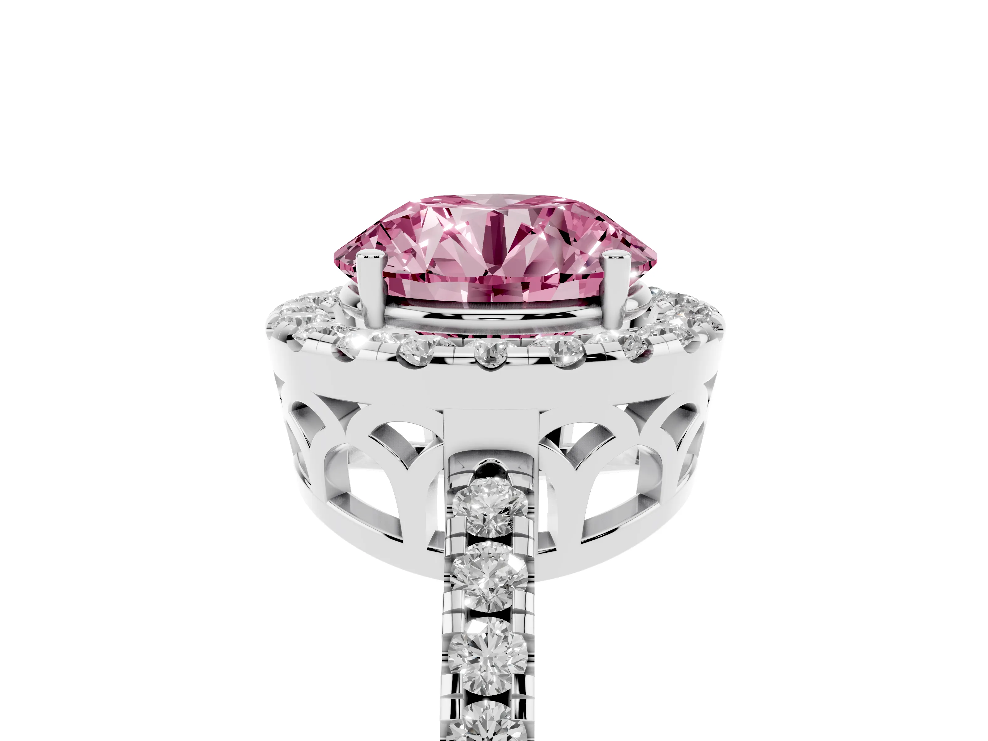 Fancy Pink Round Cut Diamond Pavé Band Halo Engagement Ring Set in Silver with Prong Setting