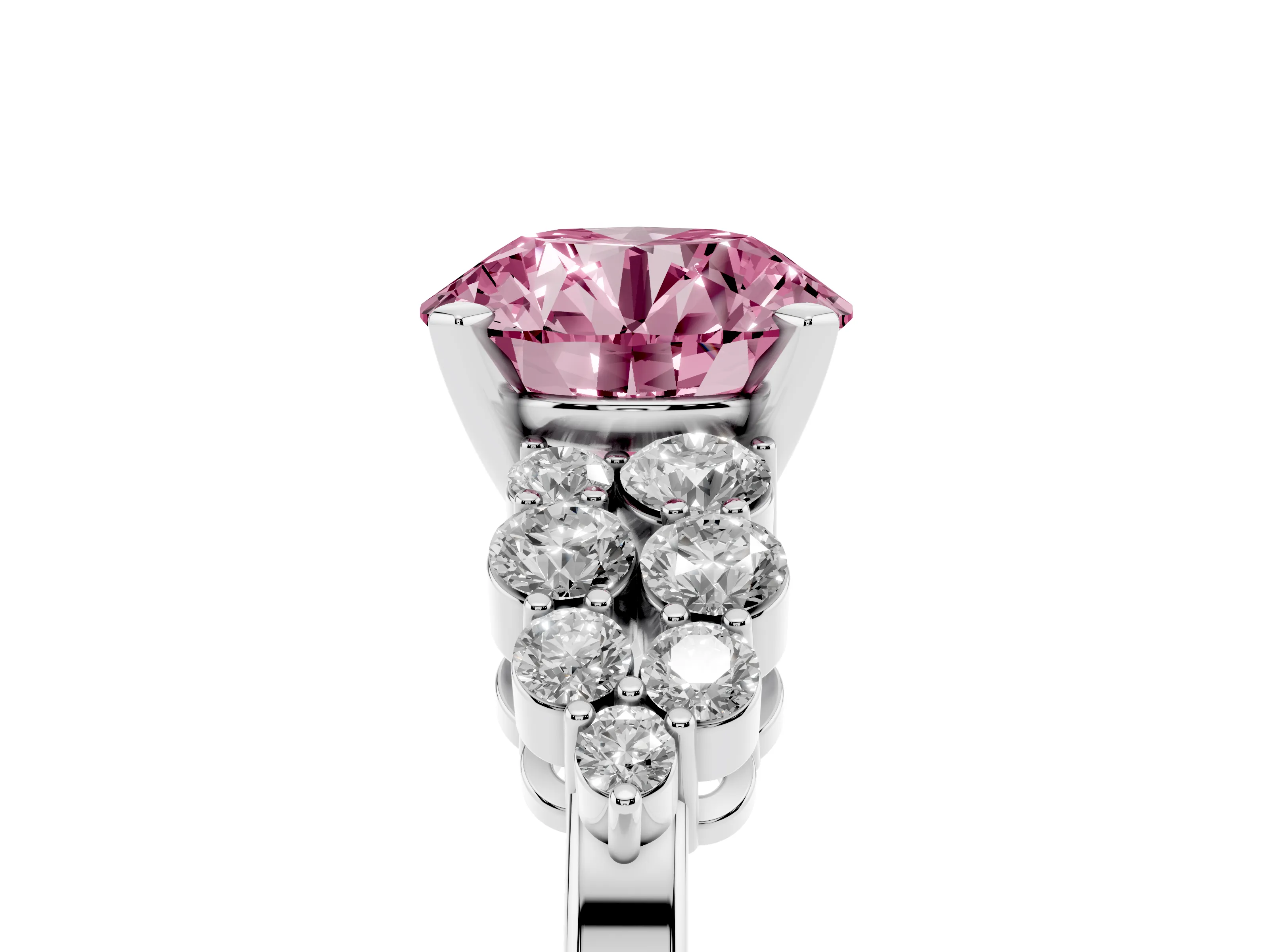 Fancy Pink Round Cut Diamond Cluster Engagement Ring Set in Silver with Pavé Band and Prong Setting