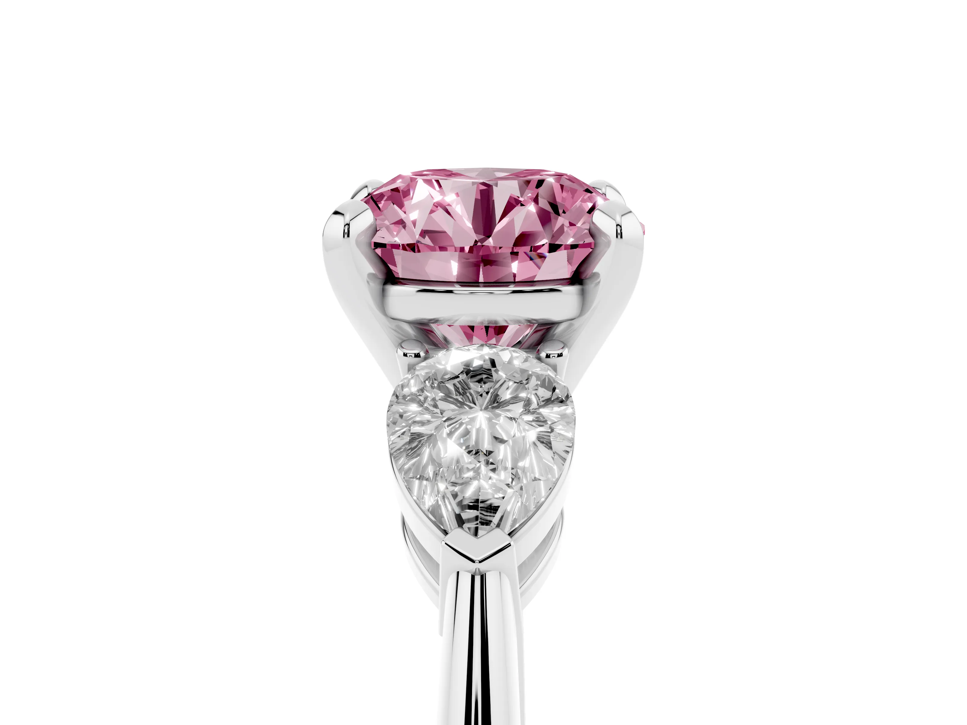Fancy Pink Three-Stone Round Cut Diamond Ring Set in Silver with Pear Side Stones and Prong Setting