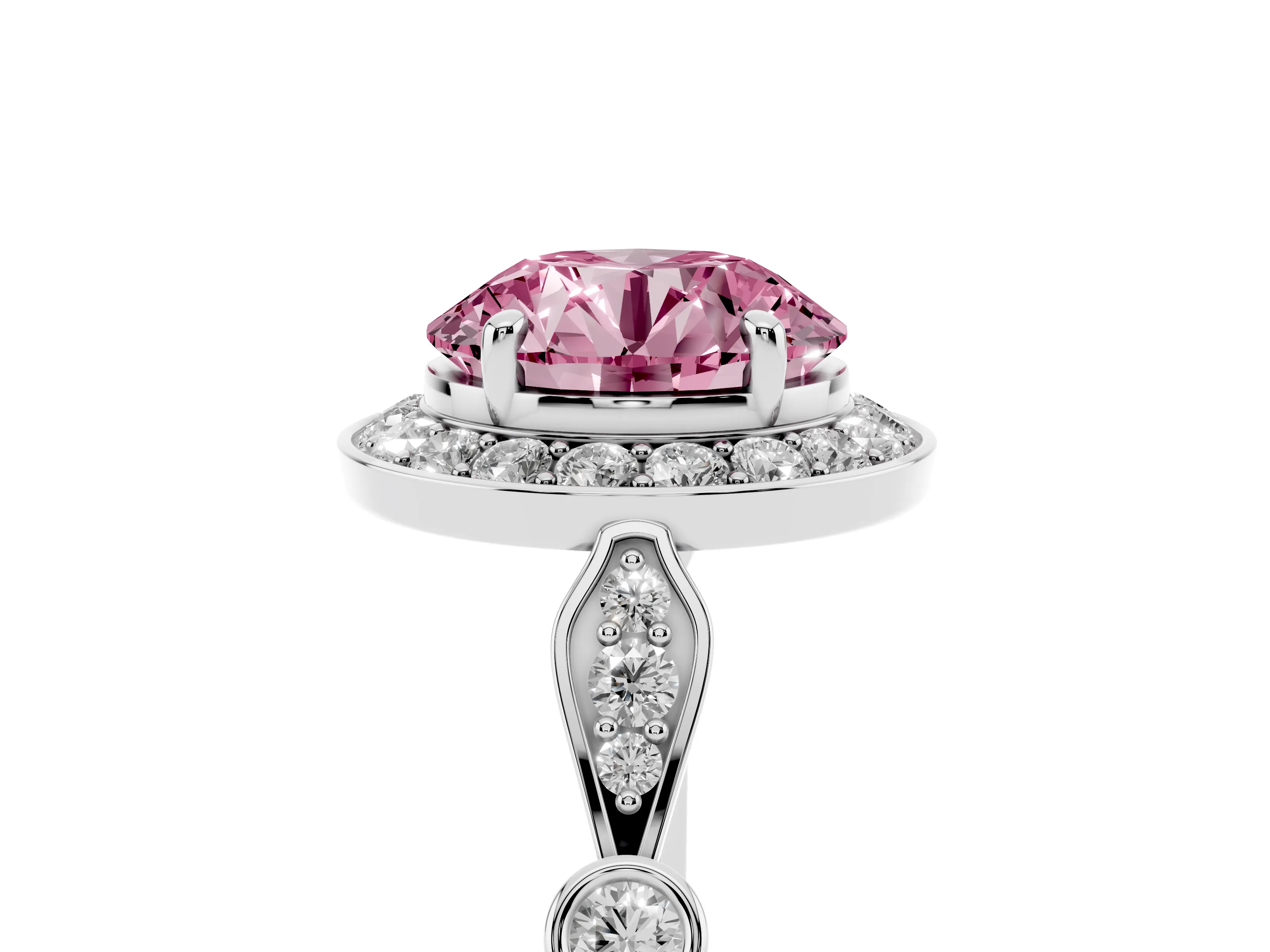 Fancy Pink Round Cut Diamond Halo Engagement Ring Set in Silver with Twisted Band and Prong Setting