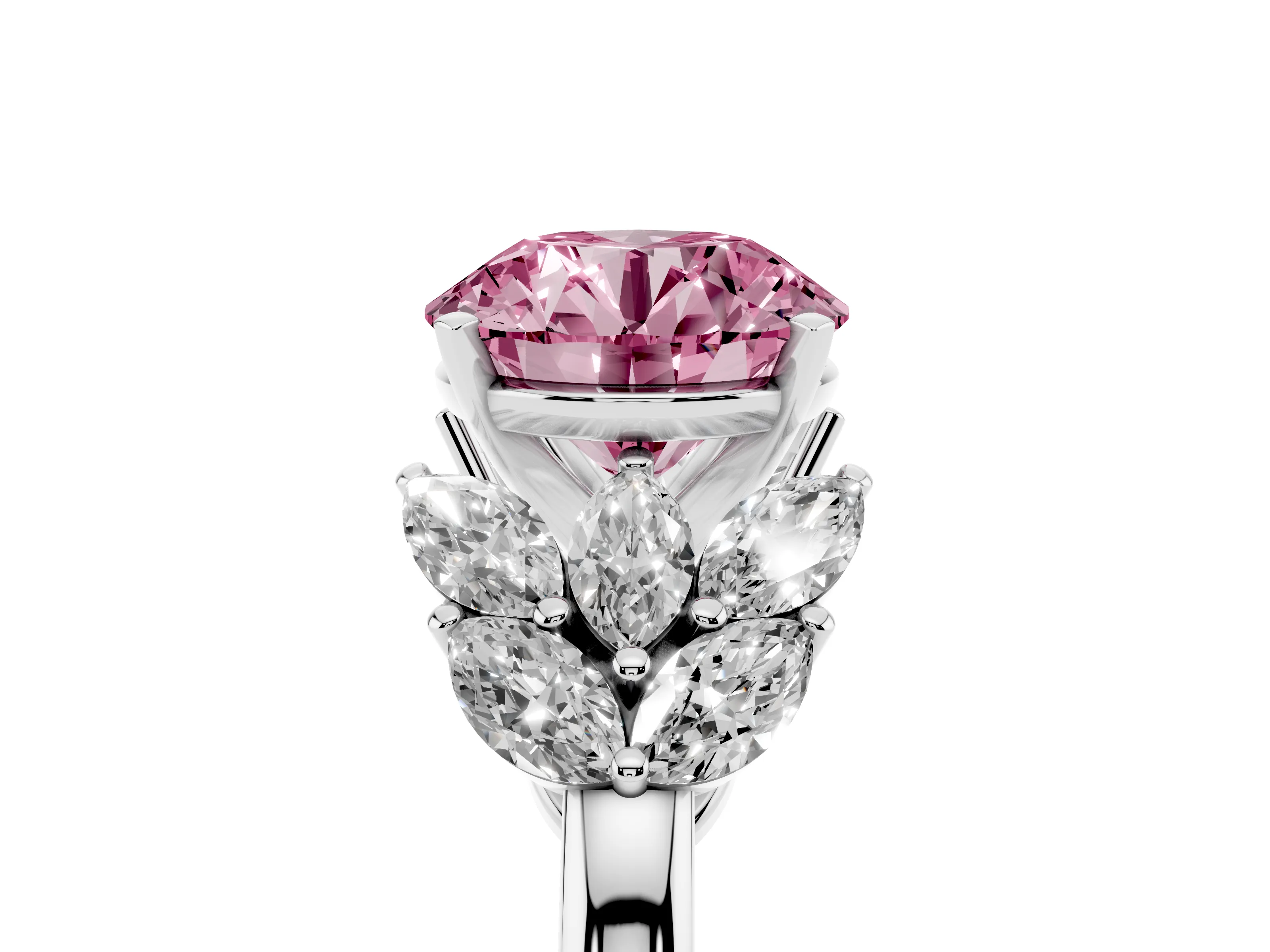 Fancy Pink Round Cut Diamond Cluster Leaf Design Ring Set in Platinum with Prong Setting
