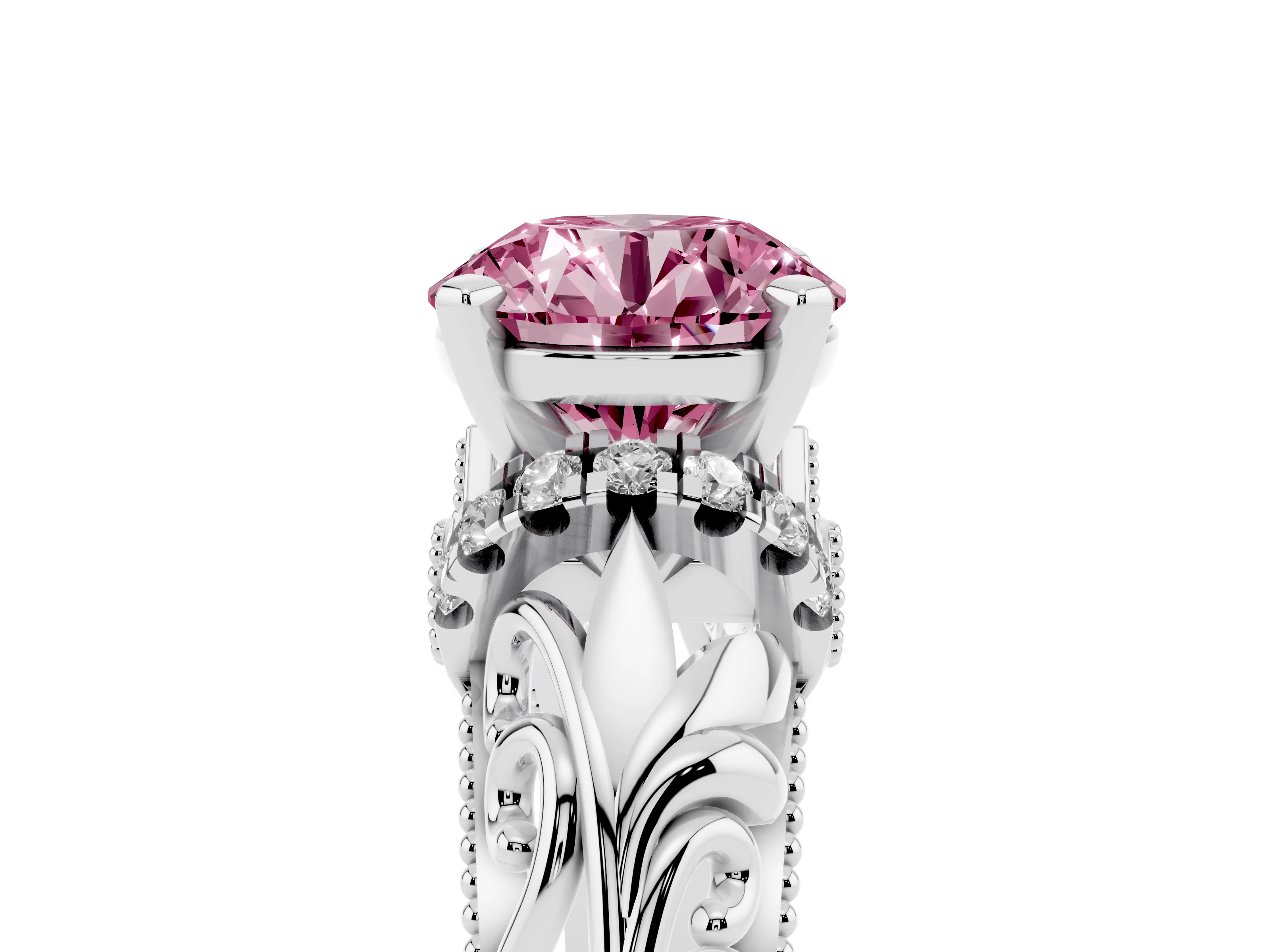 Fancy Pink Round Cut Diamond Filigree Halo Engagement Ring Set in Silver with Prong Setting