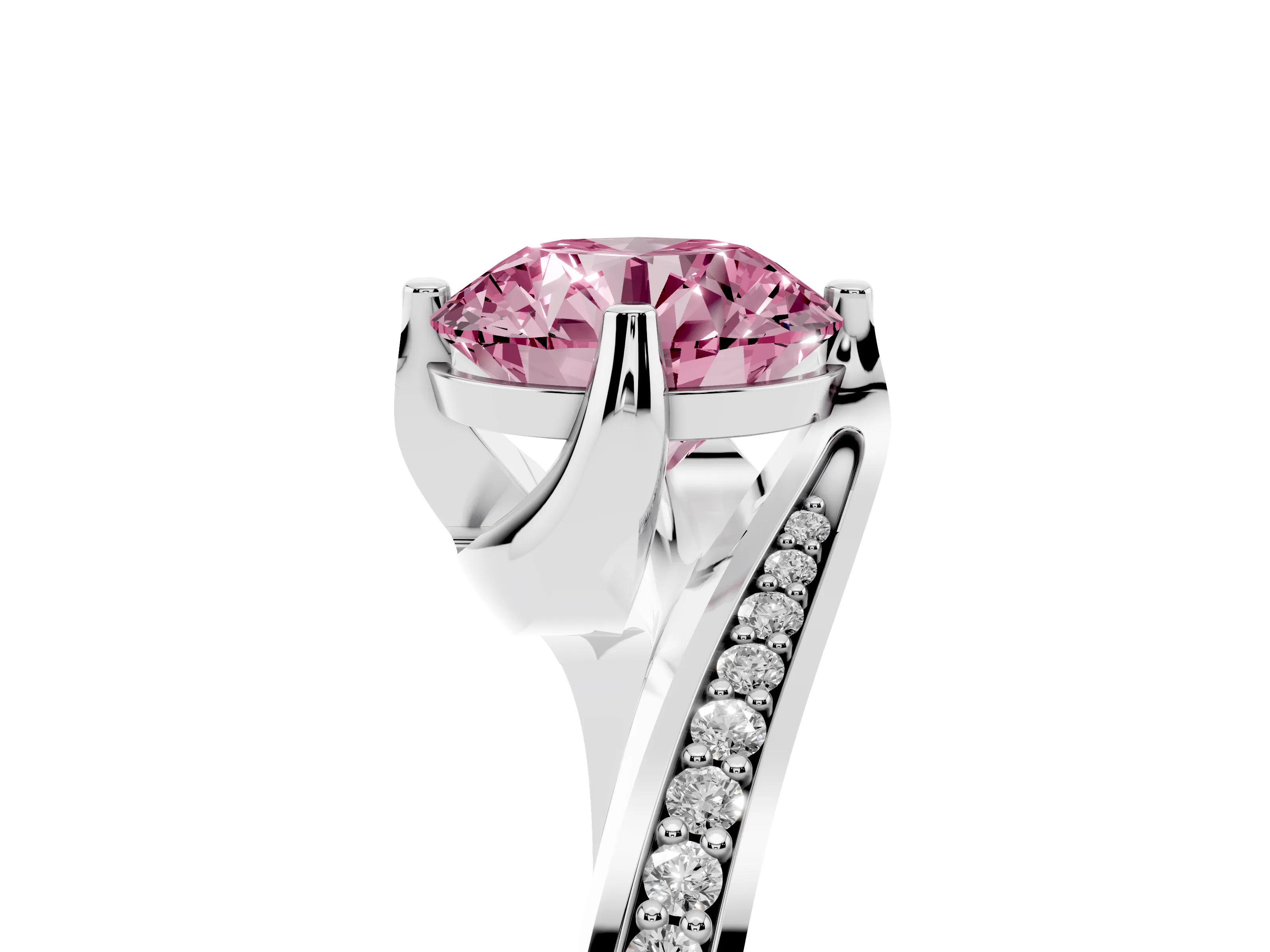Fancy Pink Round Cut Diamond Solitaire Ring Set in Silver with Intertwined Pavé Twist Band
