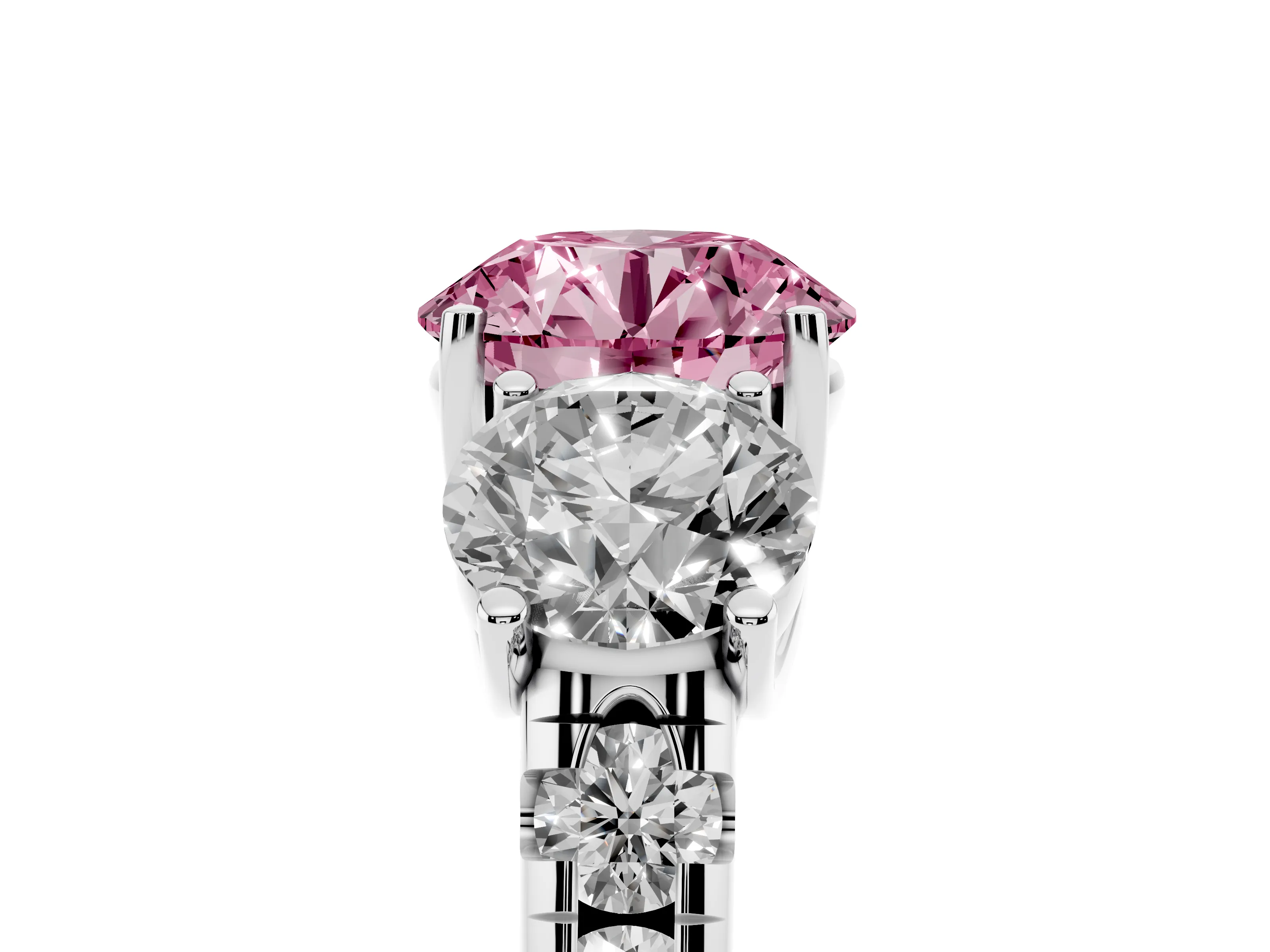 Fancy Pink Round Cut Diamond Three-Stone Ring Set in Silver with Pavé Band