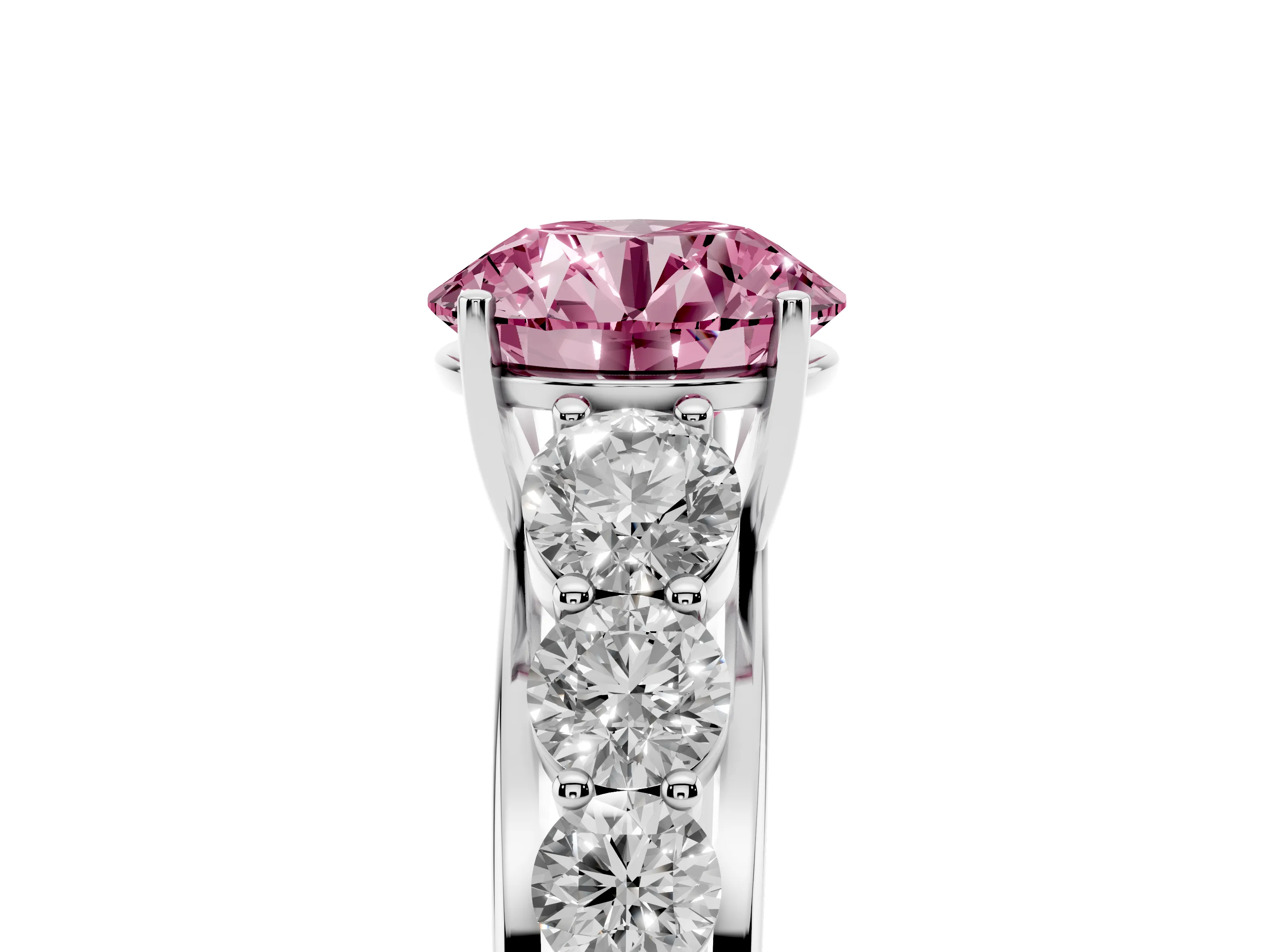 Fancy Pink Round Cut Diamond Solitaire Ring Set in White gold with Pavé-Set Band and Prong Setting
