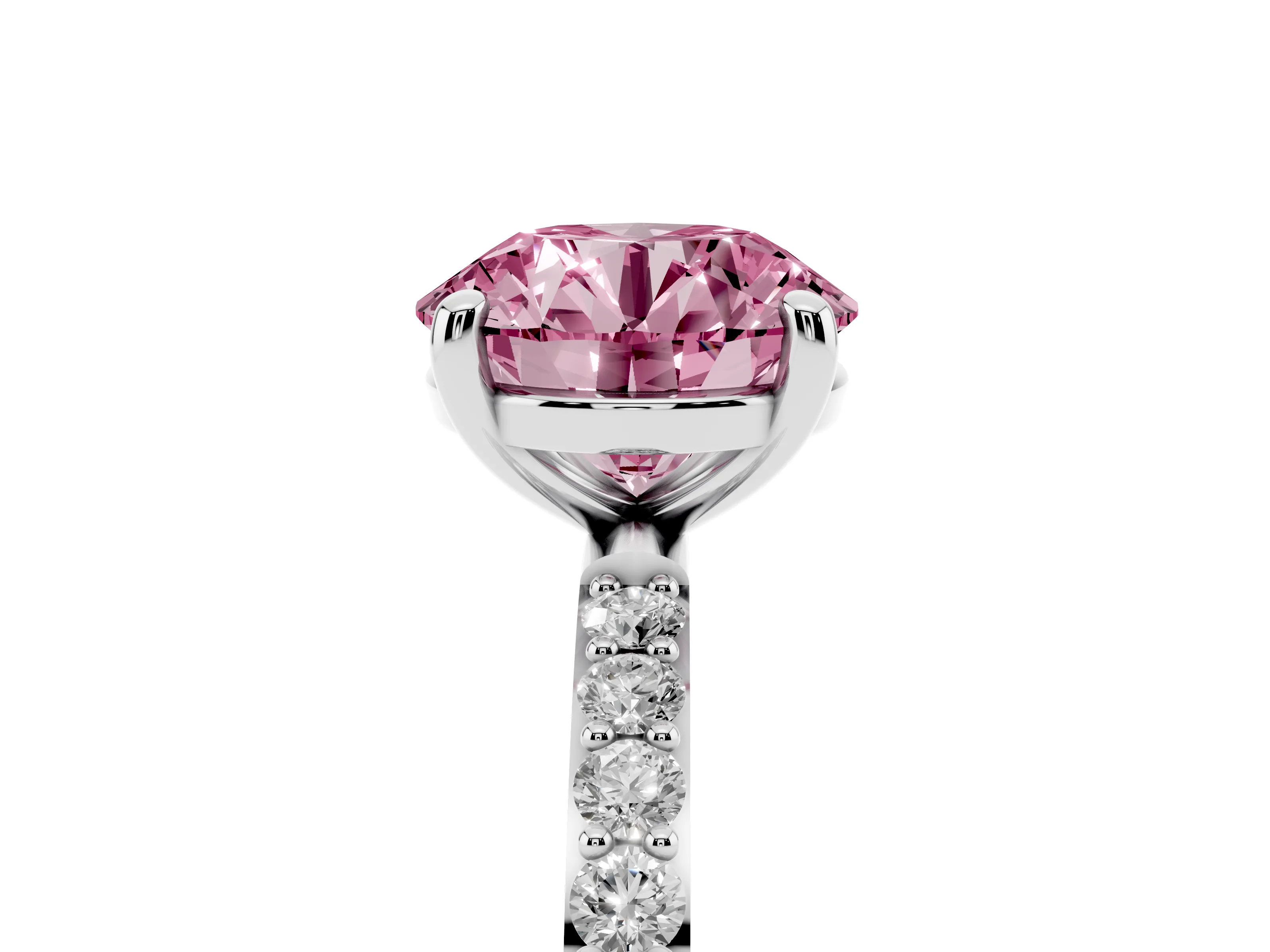 Fancy Pink Round Cut Diamond Solitaire Ring Set in Platinum with Round Pavé Band and Prong Setting