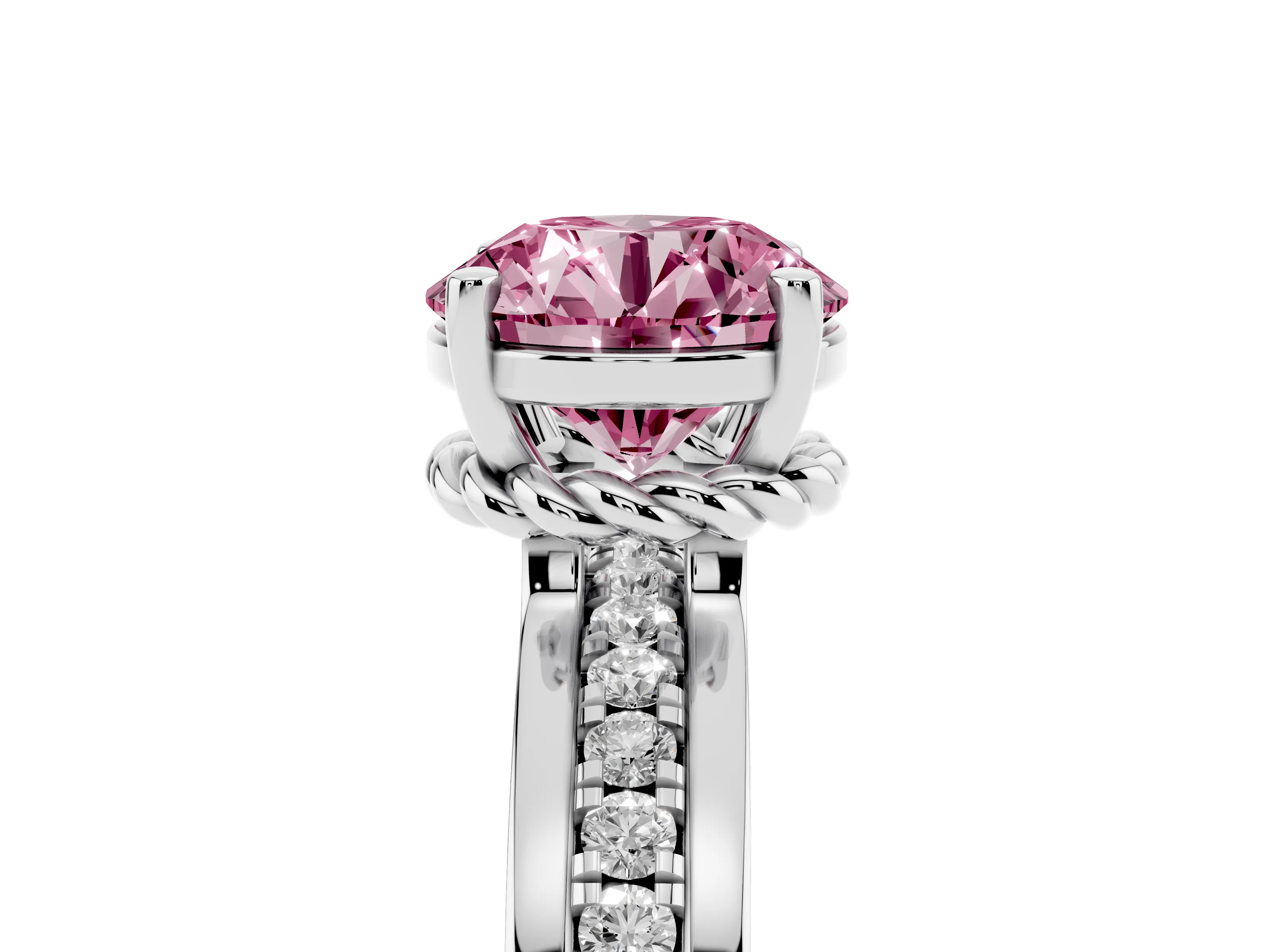 Fancy Pink Round Cut Diamond Solitaire Ring Set in Silver with Channel Set Band and Prong Setting