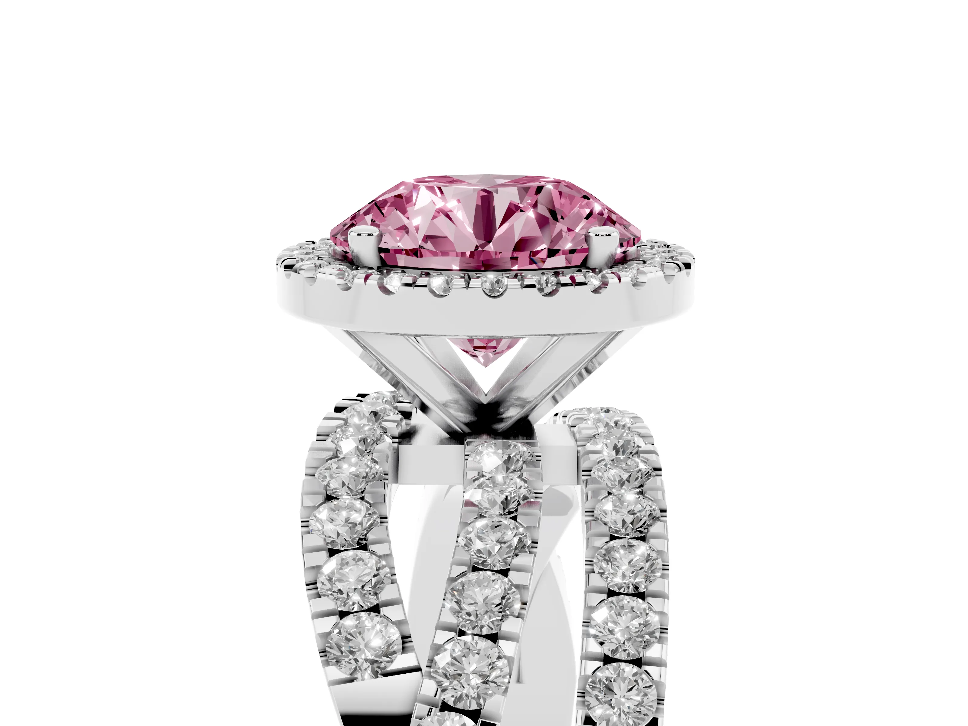 Fancy Pink Round Cut Diamond Halo Ring Set in Platinum with Round Crossover Split Shank and Prong Setting