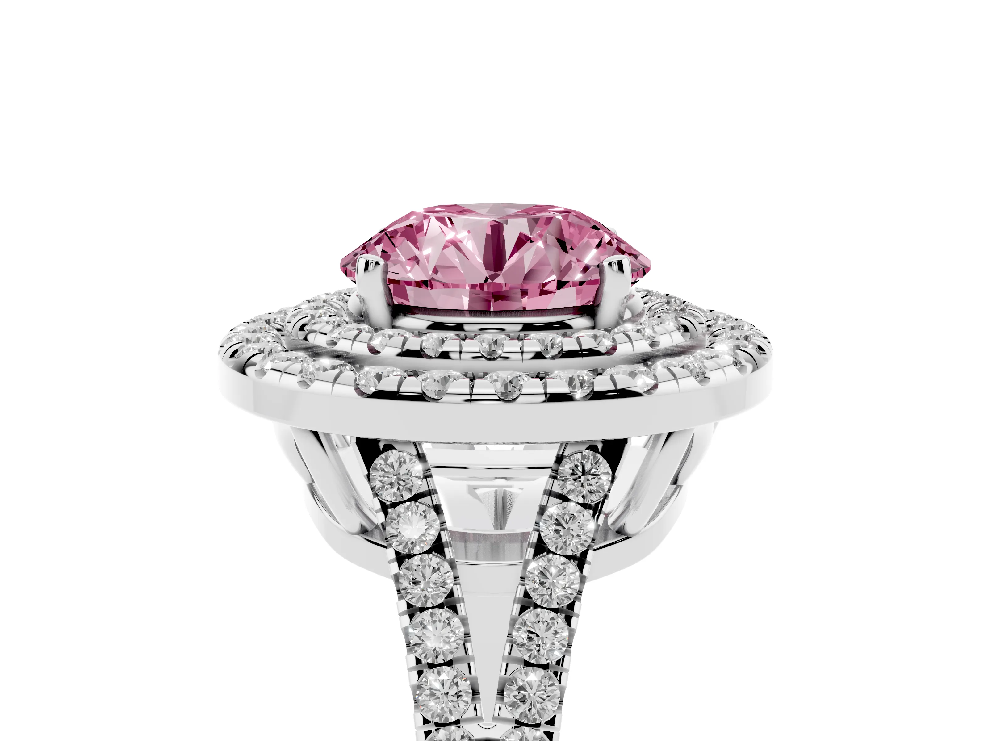 Fancy Pink Round Cut Diamond Double Halo Ring Set in White gold with Pavé Band