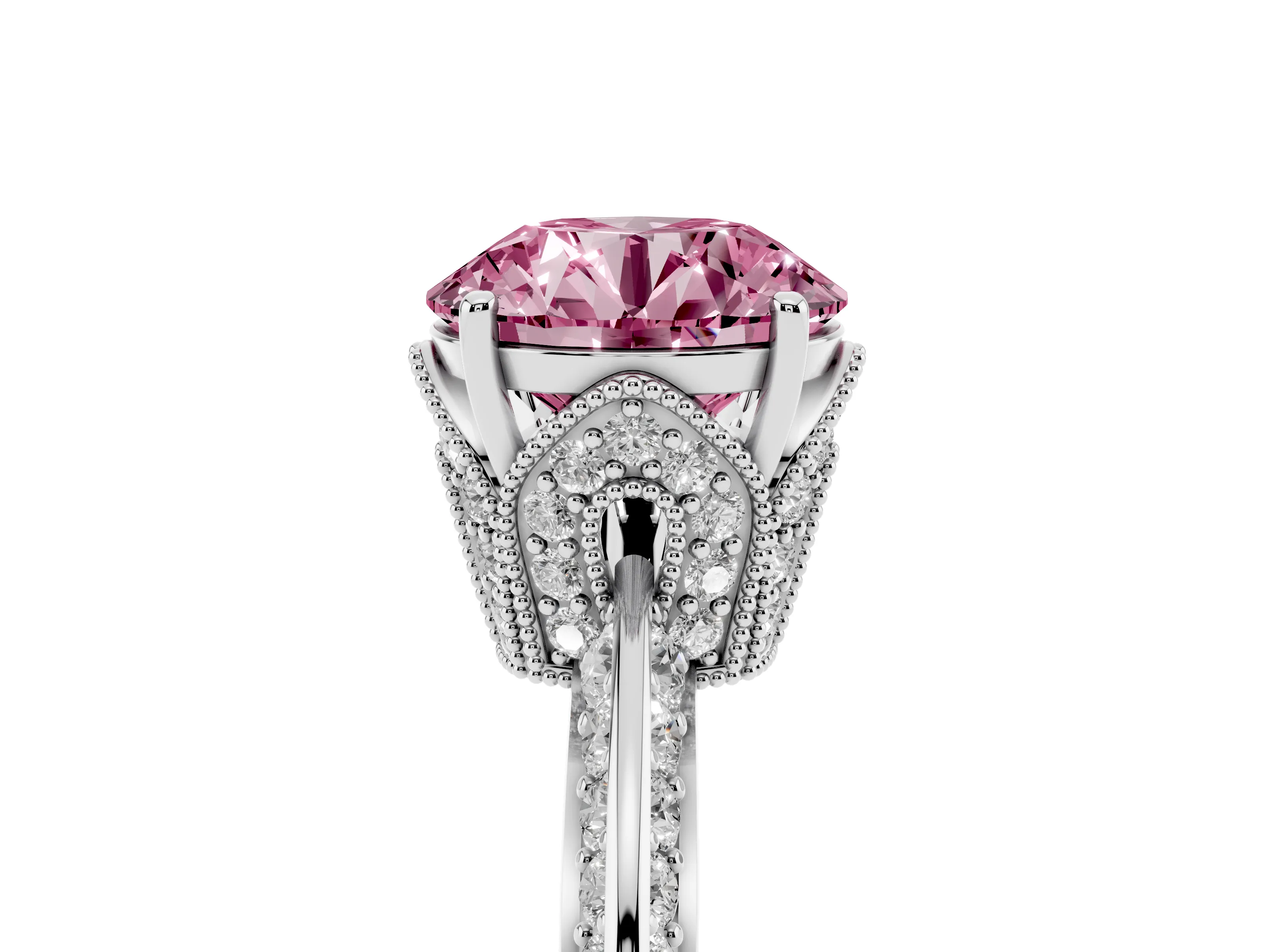 Fancy Pink Round Cut Diamond Solitaire Engagement Ring Set in Silver with Pavé Split Shank and Prong Setting